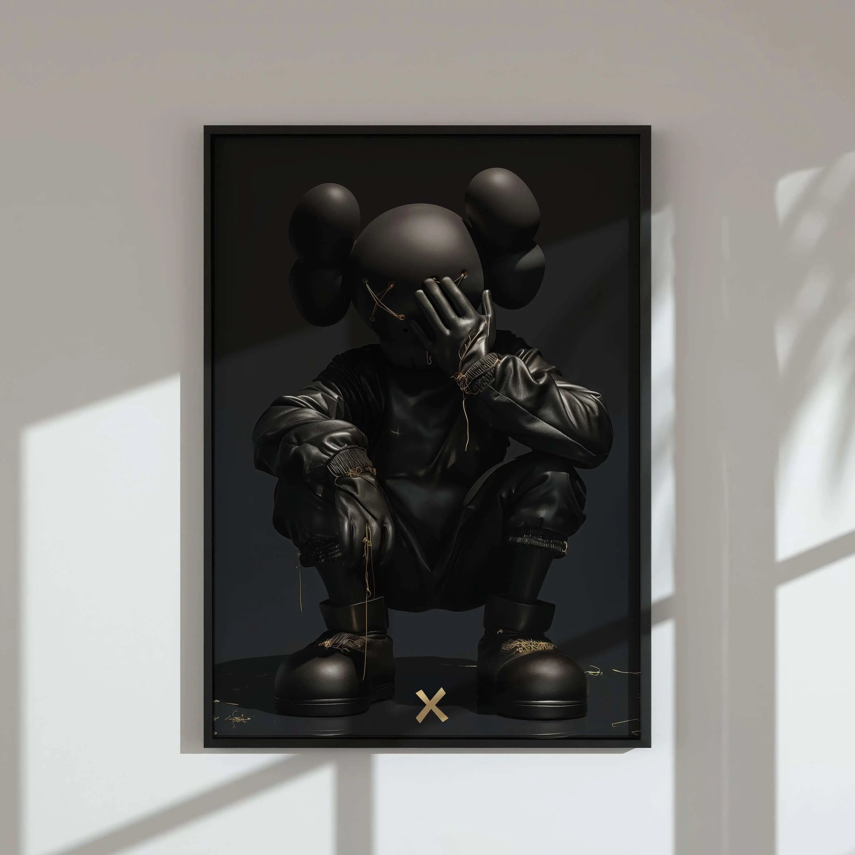 Abstract Gold Hypebeast Poster Set of 3 featuring bold black and gold streetwear digital wall art in framed modern living room — Haus of Prints.