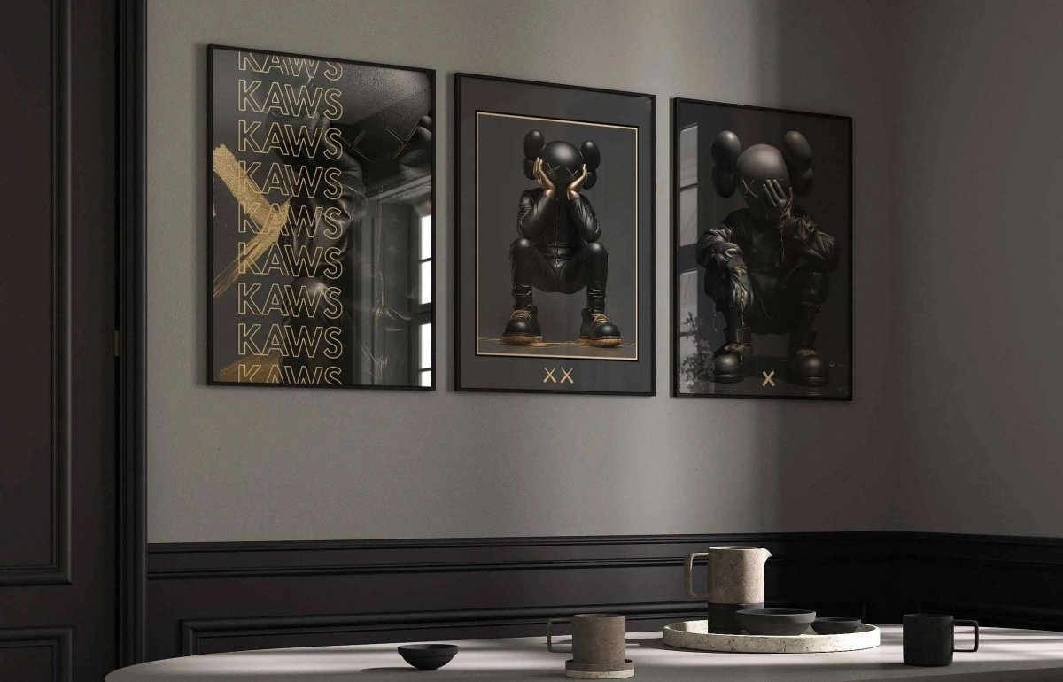 Abstract Gold Hypebeast Poster Set of 3 featuring bold streetwear digital wall art in a modern dining space, printable art by Haus of Prints.