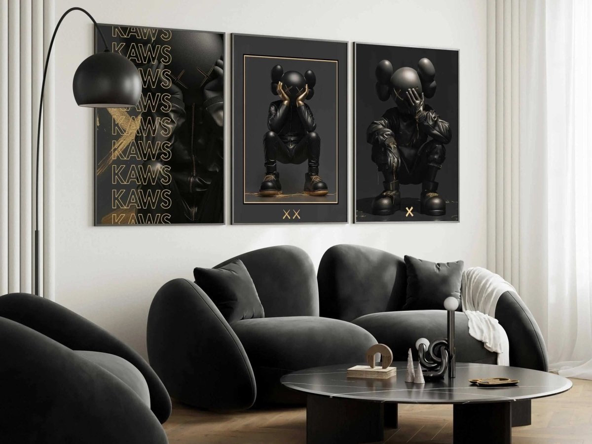 Abstract Gold Hypebeast Poster Set of 3 featuring bold black and gold streetwear digital wall art in a modern living room by Haus of Prints.