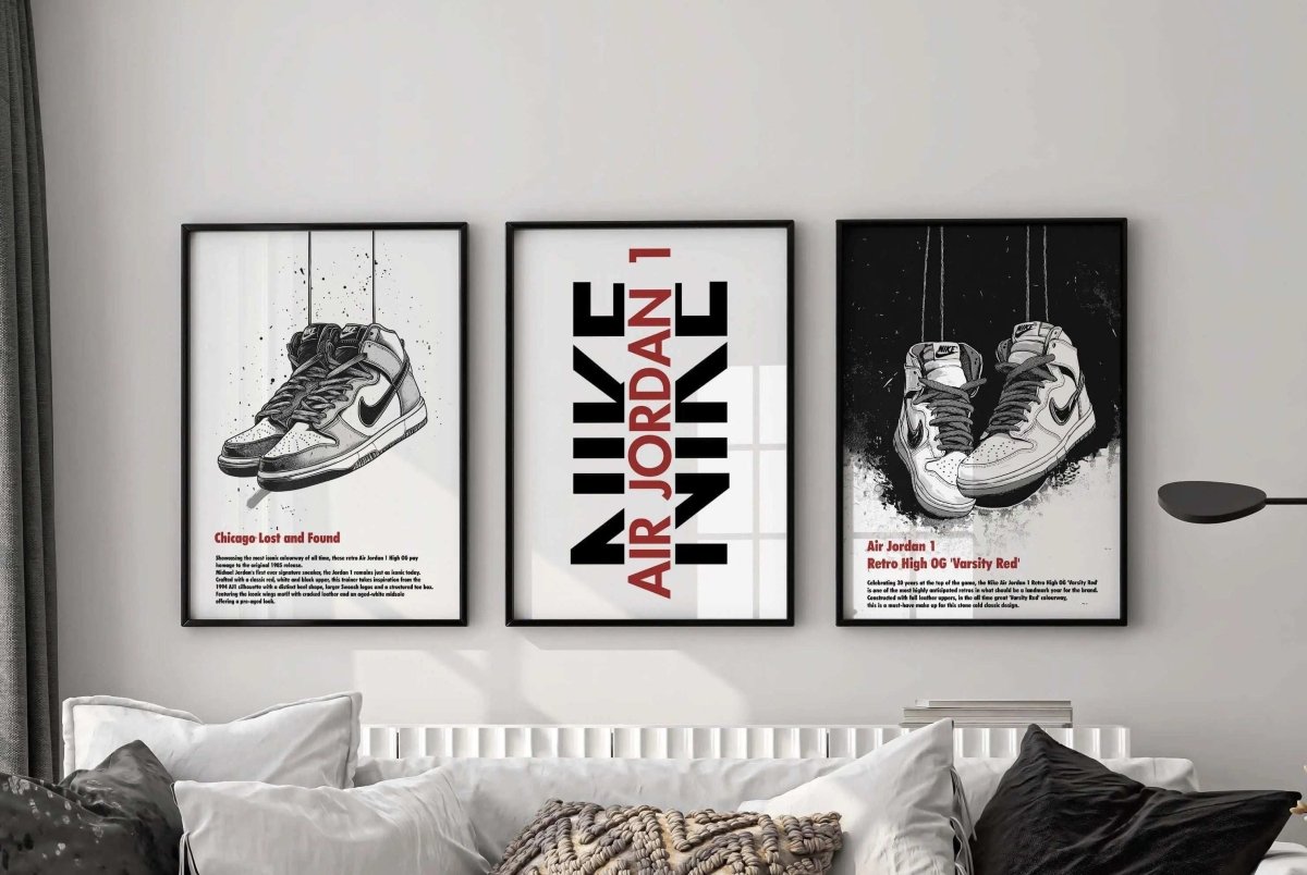 Abstract Modern Sneakerhead Poster Set of 3 featuring black and white sneaker art in framed digital wall art above a sofa, Haus of Prints.