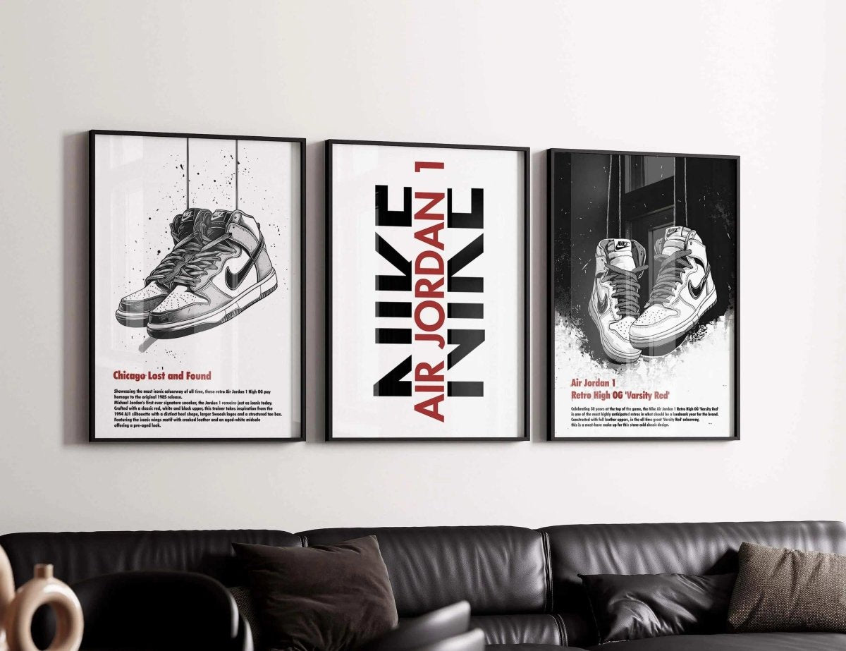 Abstract Modern Sneakerhead Poster Set of 3 featuring black and white sneaker art prints in a modern living room, digital wall art, Haus of Prints.