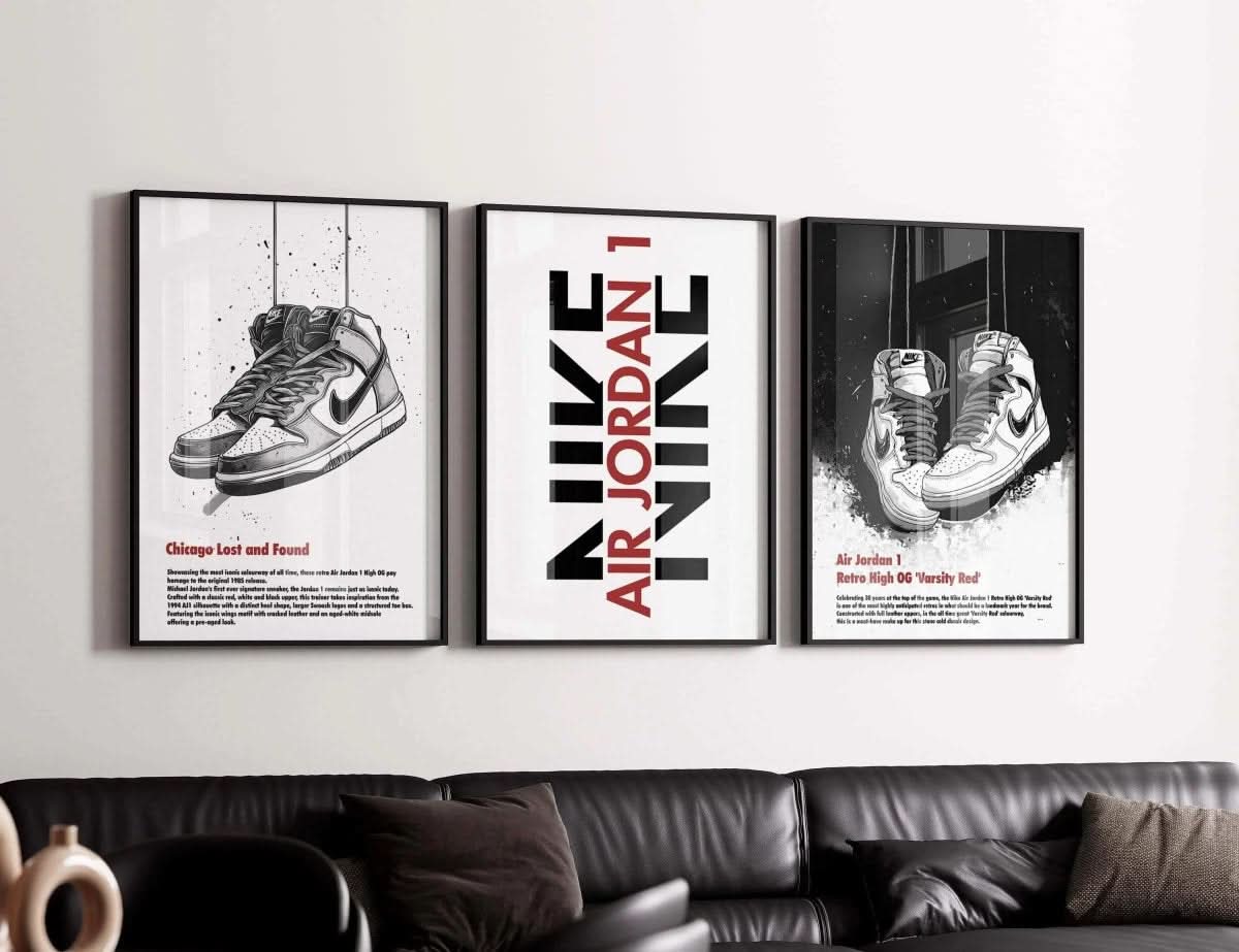 Abstract Modern Sneakerhead Poster Set of 3 showcasing vibrant sneaker-themed designs in striking colors.