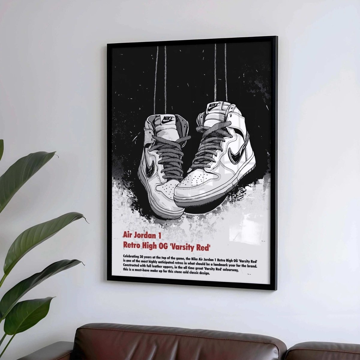 Abstract Modern Sneakerhead Poster Set of 3 featuring Air Jordan 1 sneaker art in framed digital wall art above sofa, Haus of Prints.