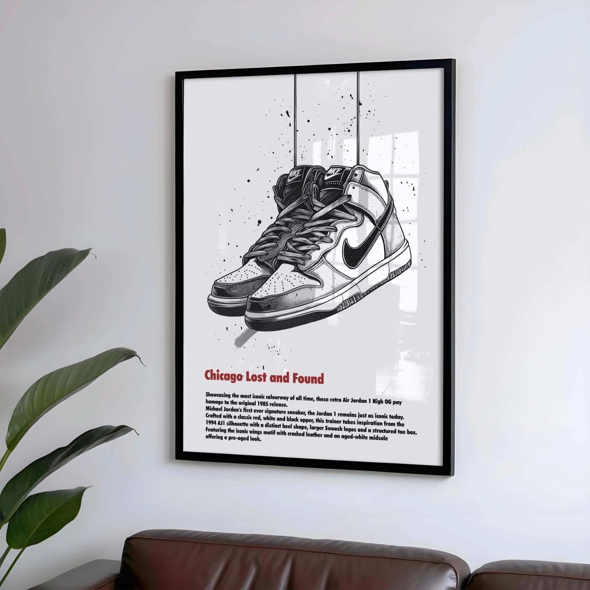 Abstract Modern Sneakerhead Poster Set of 3 featuring black and white sneaker art framed as digital wall art in modern living room by Haus of Prints