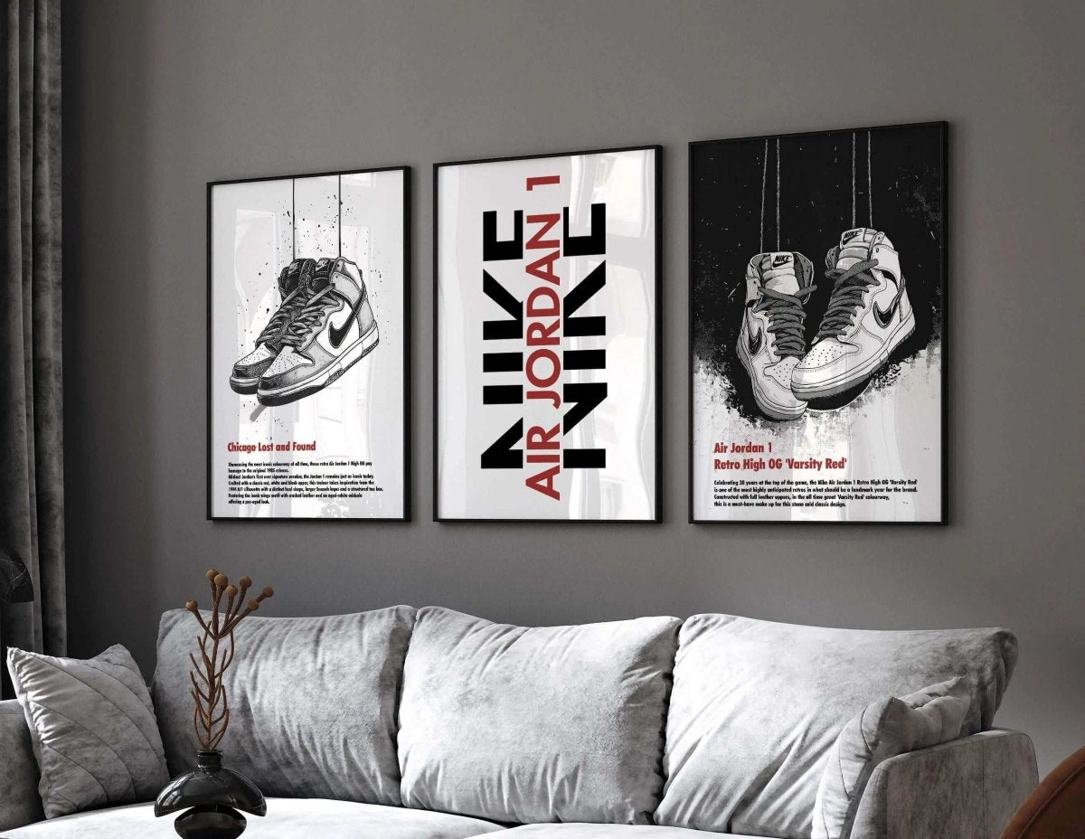 Abstract Modern Sneakerhead Poster Set of 3 featuring Nike Air Jordans in black and white framed digital wall art above sofa, Haus of Prints.