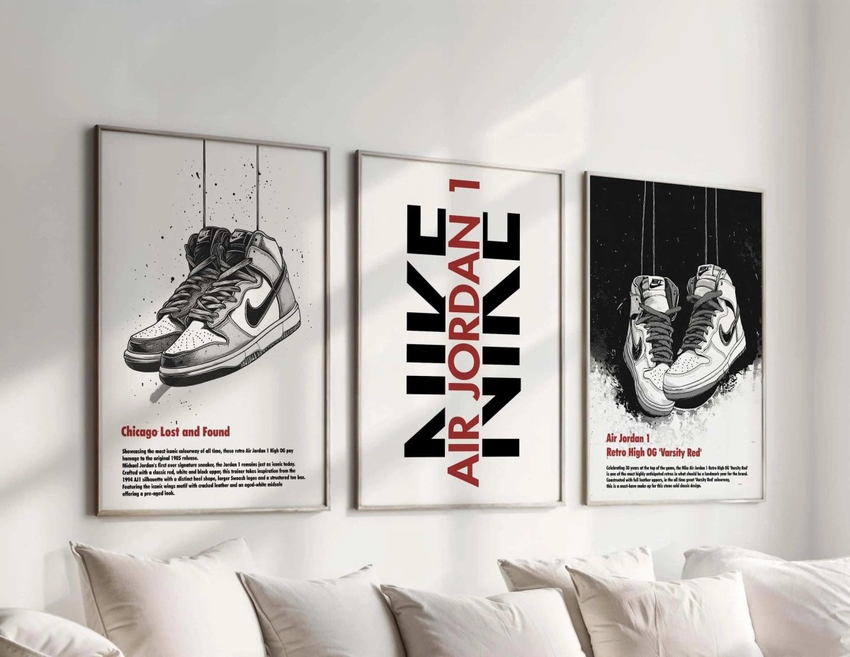 Abstract modern sneakerhead poster set of 3 featuring Air Jordan sneaker art in framed digital wall art above sofa, Haus of Prints.