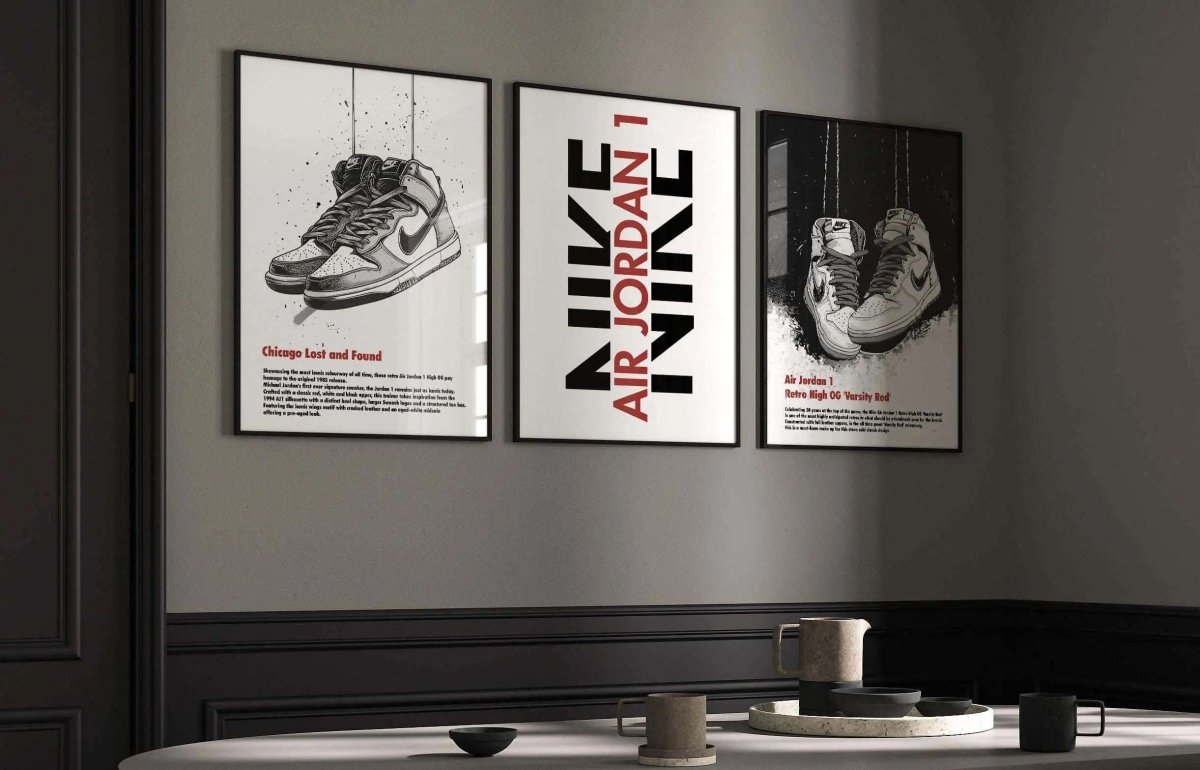 Abstract Modern Sneakerhead Poster Set of 3 featuring sneaker art in black, white, and red tones, framed digital wall art in a modern living room — HAUS OF PRINTS