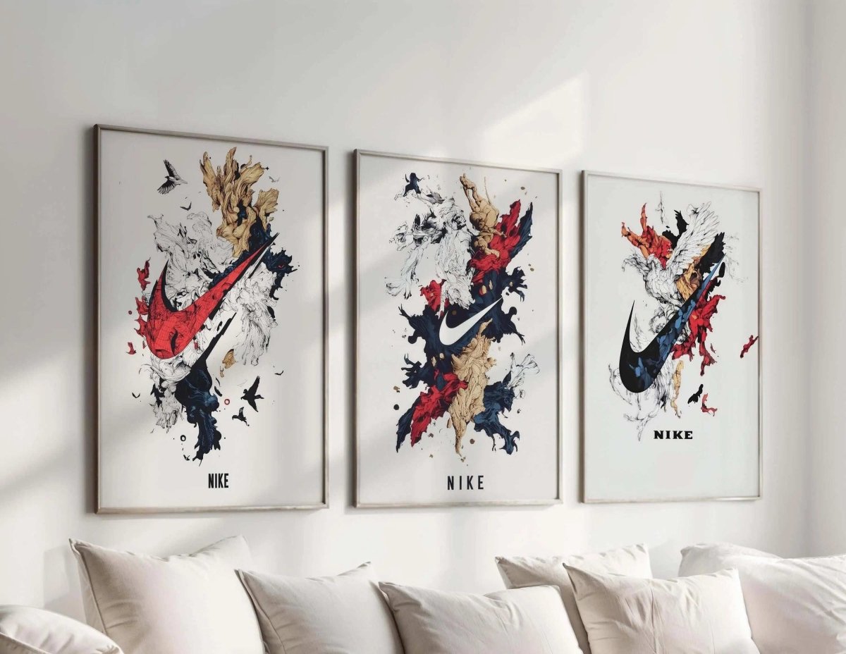 Abstract Nike Wall Art Set of 3 featuring bold sneaker art in vibrant digital wall art prints for modern living room decor by Haus of Prints.