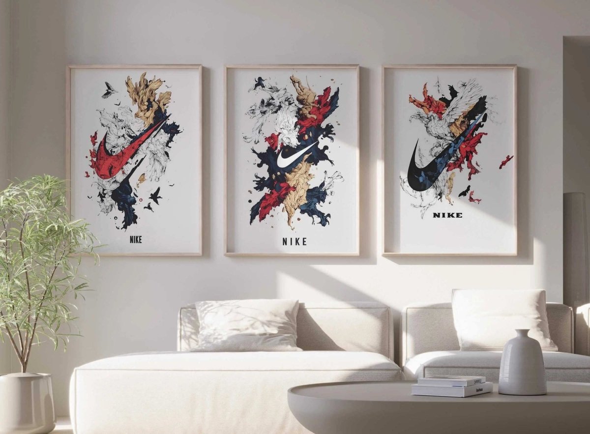 Abstract Nike Wall Art Set of 3 with bold red, black, and gold sneaker art prints in modern living room, digital wall art by Haus of Prints.