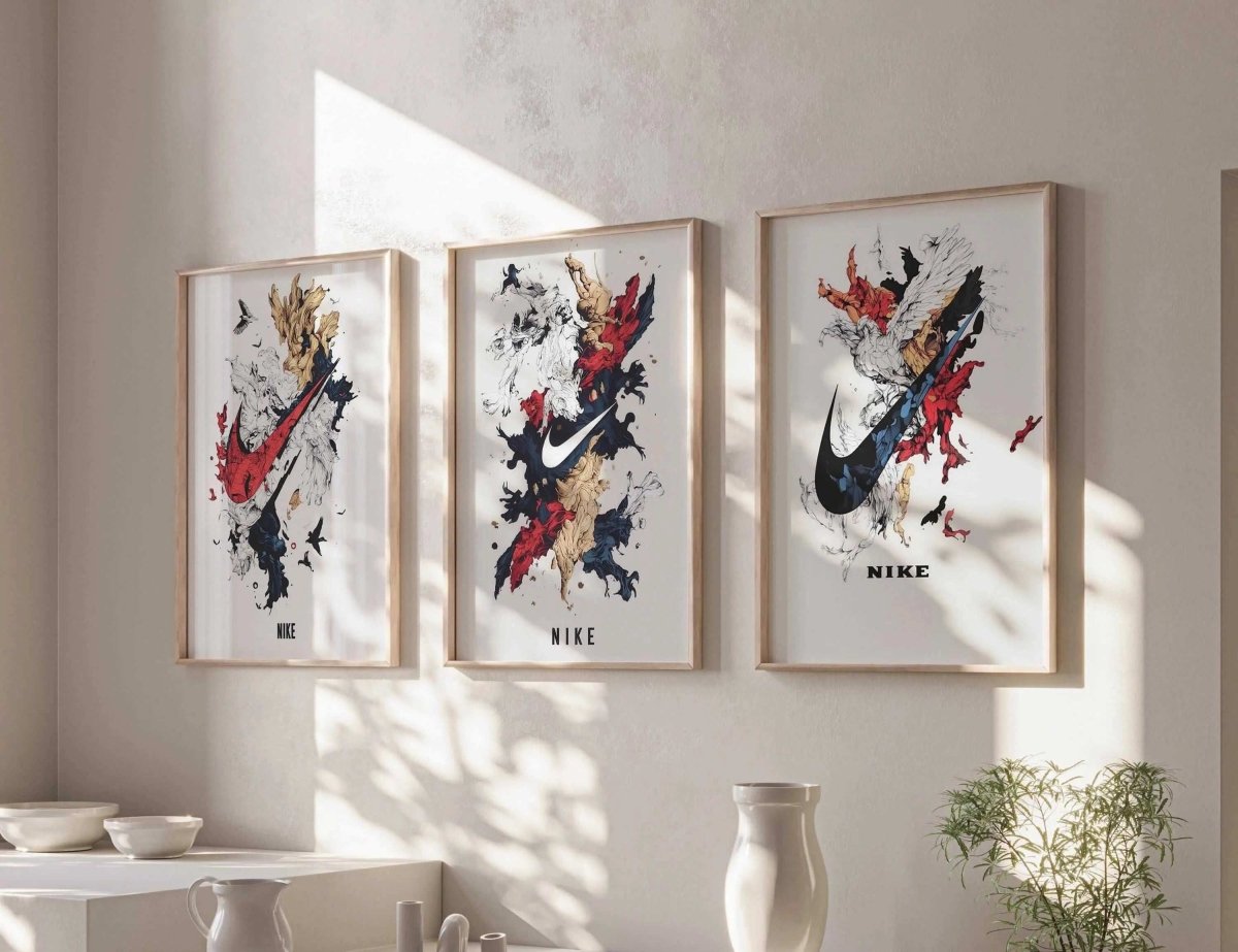 Abstract Nike Wall Art Set of 3 featuring bold sneaker digital wall art prints in wooden frames in a modern living room — Haus of Prints