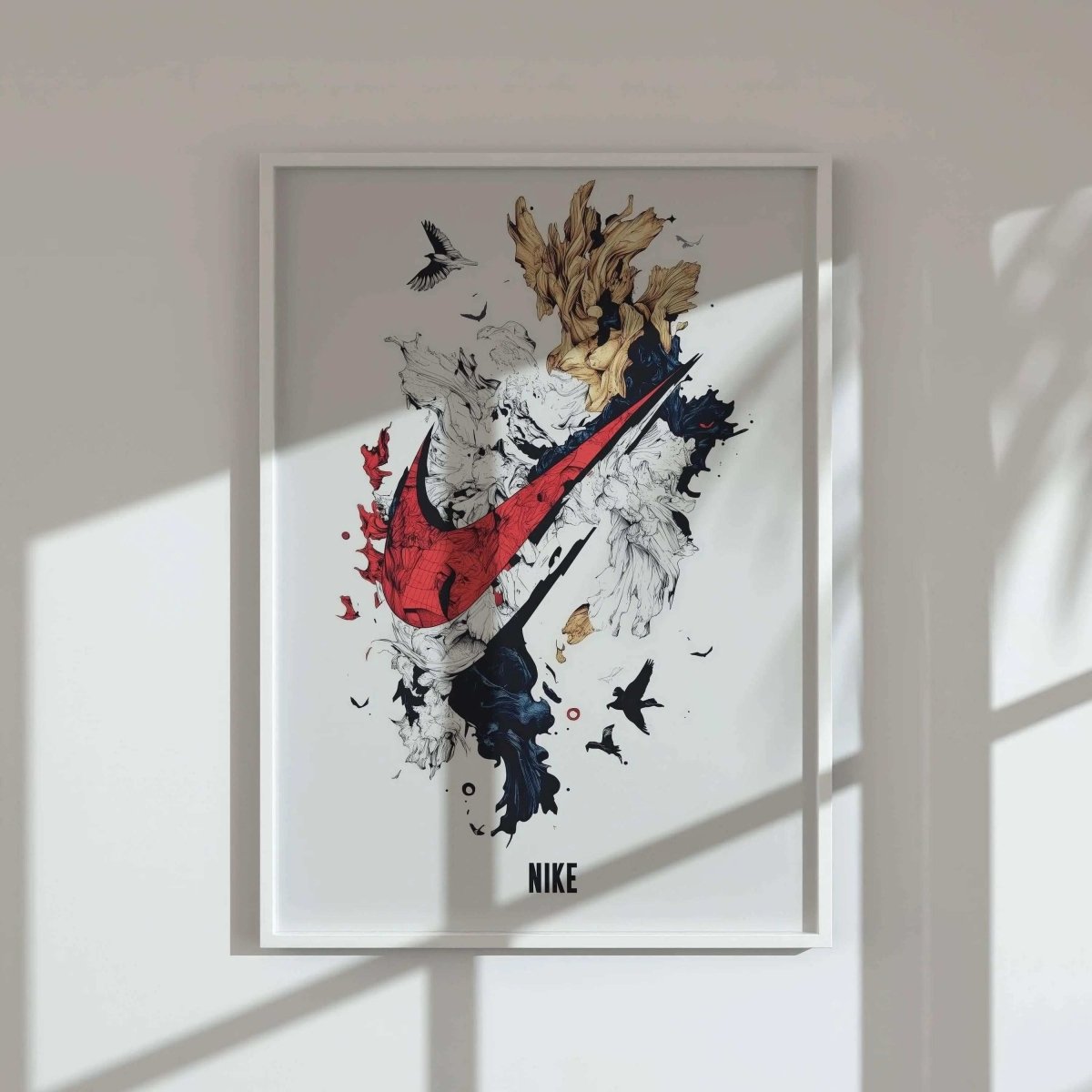 Abstract Nike Wall Art Set of 3 featuring vibrant red swoosh and dynamic modern digital wall art in bright living room, Haus of Prints.