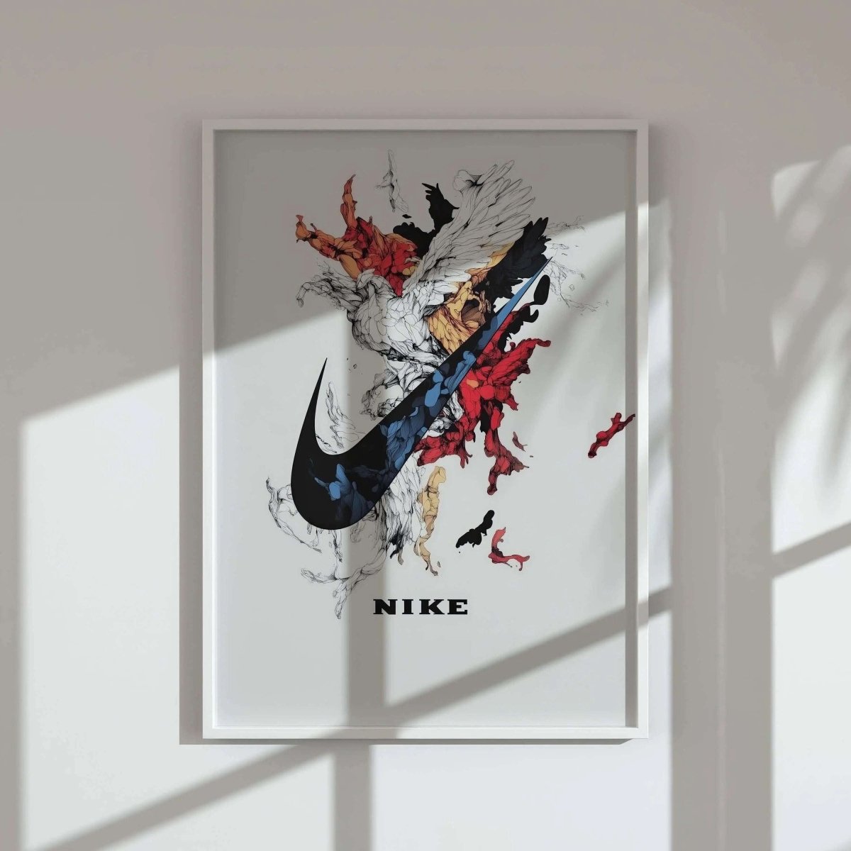 Abstract Nike sneaker art digital wall art print with bold red and gold brush strokes in a white frame, modern home decor by Haus of Prints.