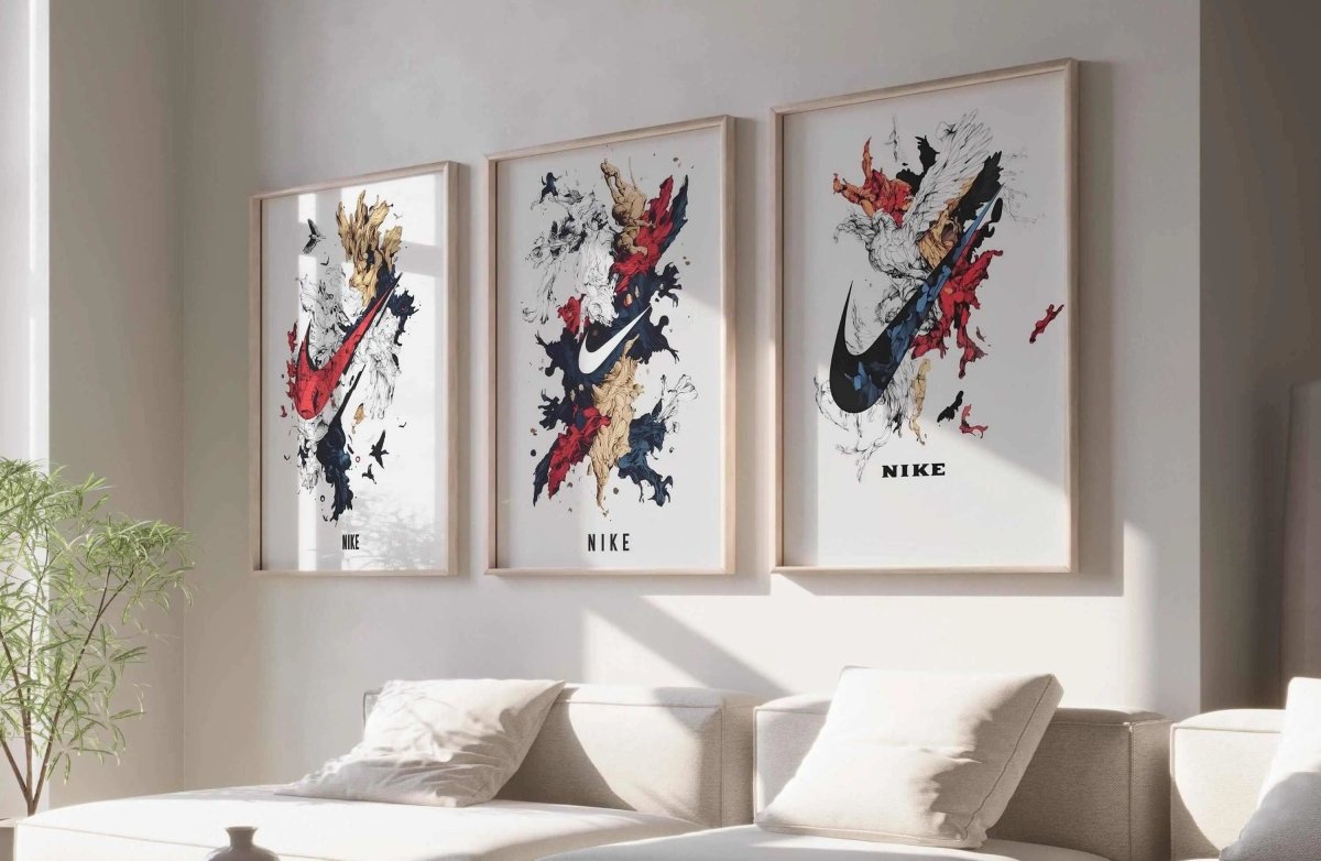 Abstract Nike Wall Art Set of 3 featuring bold sneaker digital wall art in a modern living room, printable art by Haus of Prints.