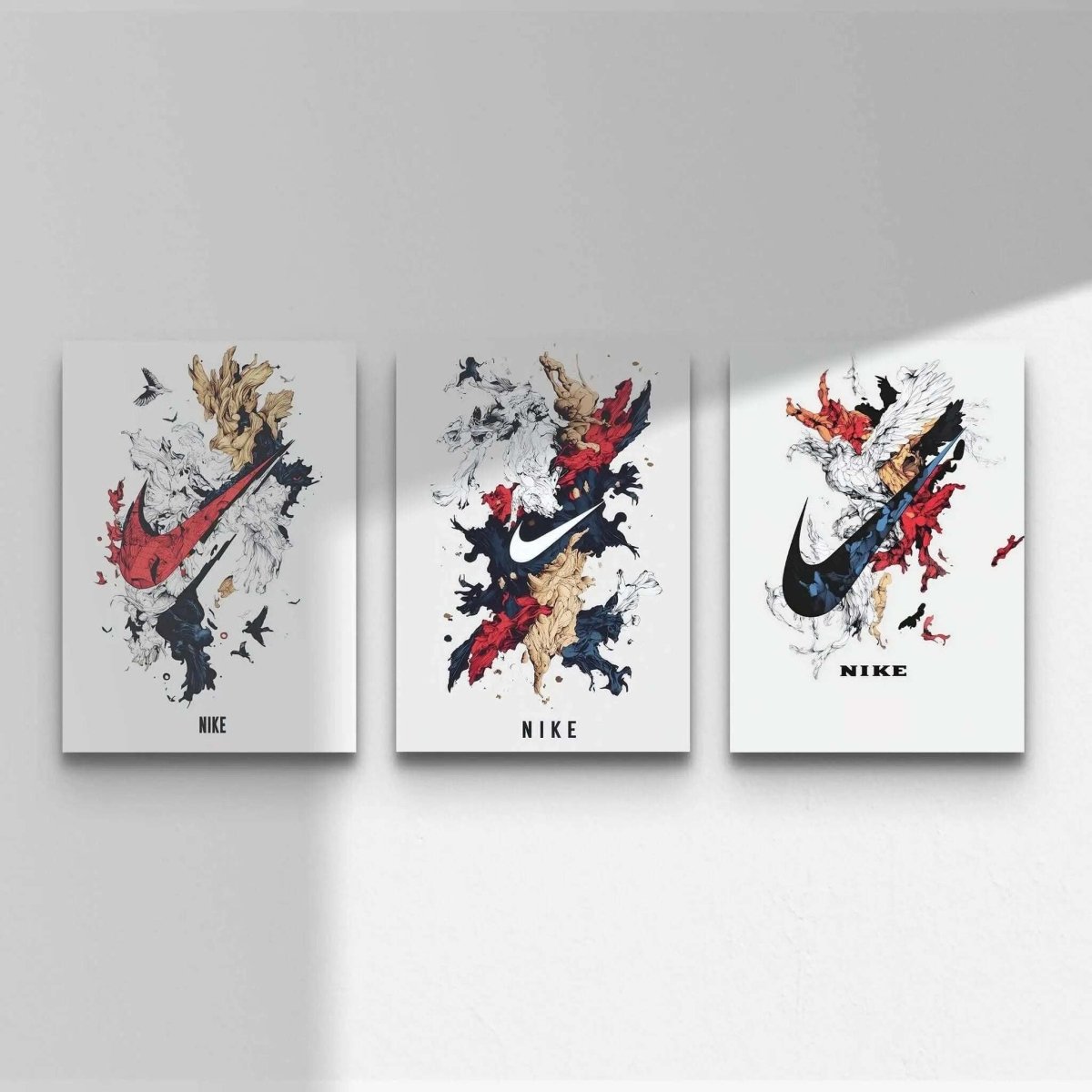 Abstract Nike Wall Art Set of 3 featuring dynamic sneaker art in bold colors, printable modern wall decor for living rooms — Haus of Prints.