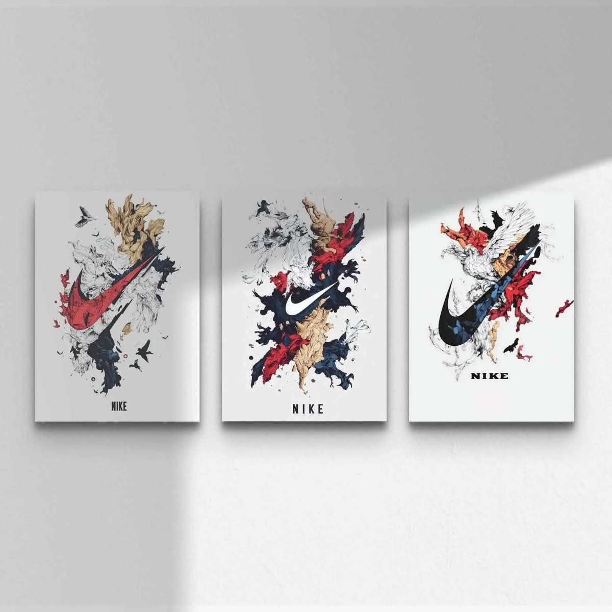 Abstract Nike Wall Art Set of 3 featuring vibrant splashes of color and iconic swoosh designs.