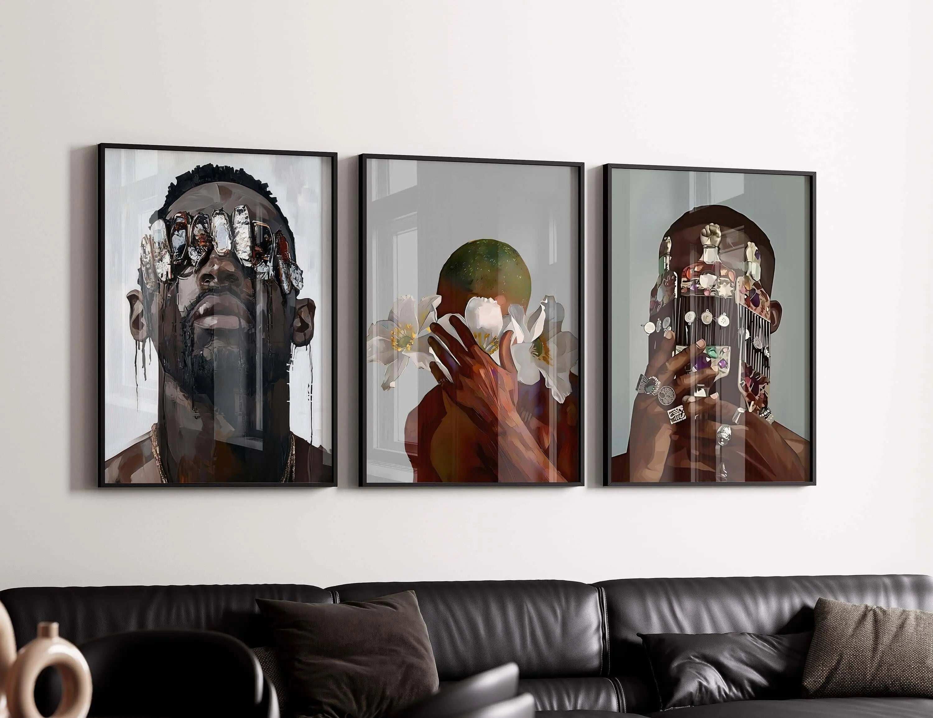 African American Men Wall Decor Set of 3 featuring Afrocentric digital wall art prints in a modern living room, printable art by Haus of Prints.