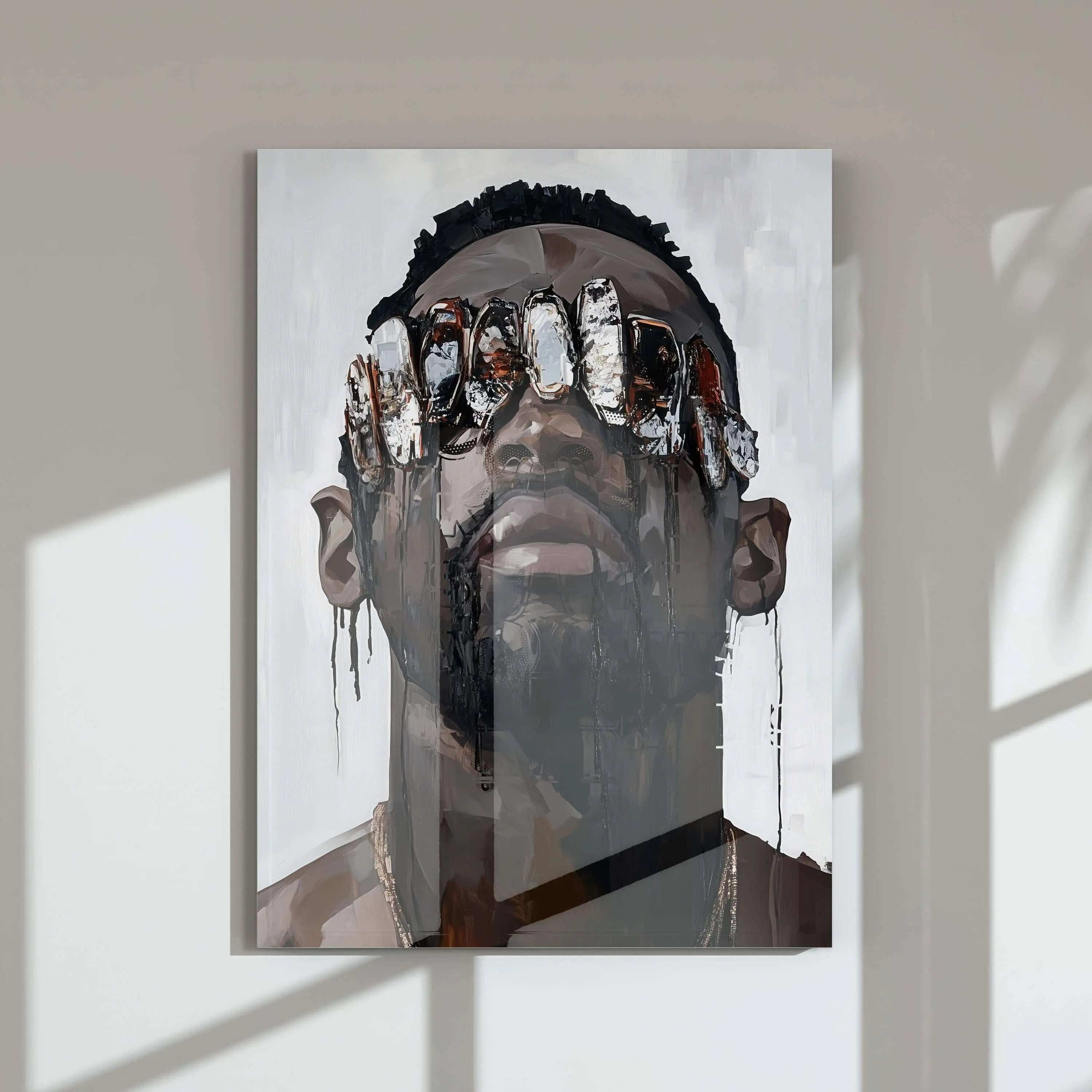 African American Men Wall Decor Set of 3 featuring abstract digital wall art of a man with reflective glasses in neutral tones, Haus of Prints.
