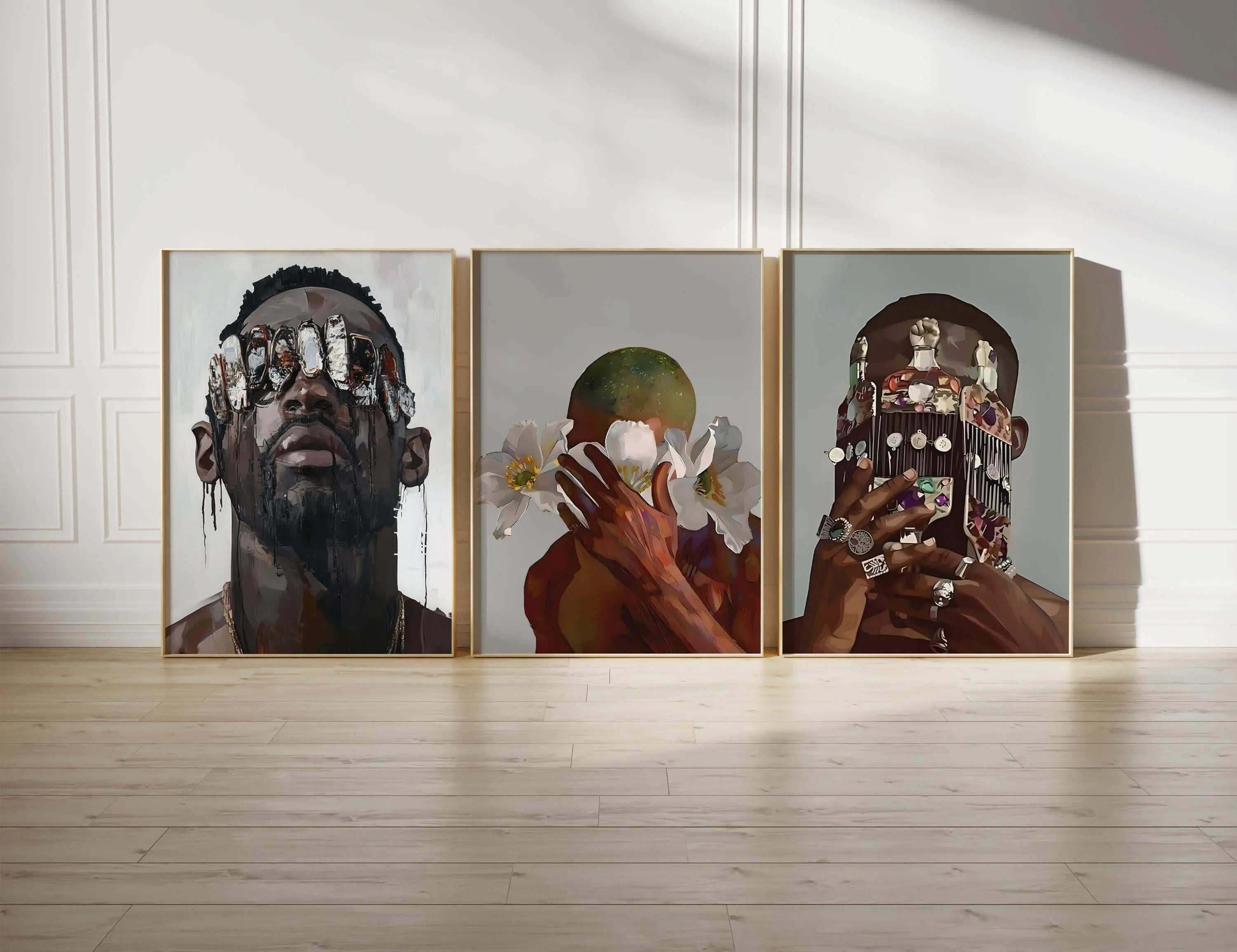African American Men Wall Decor Set of 3 featuring vibrant Afrocentric digital wall art in gold frames, modern living room style by Haus of Prints