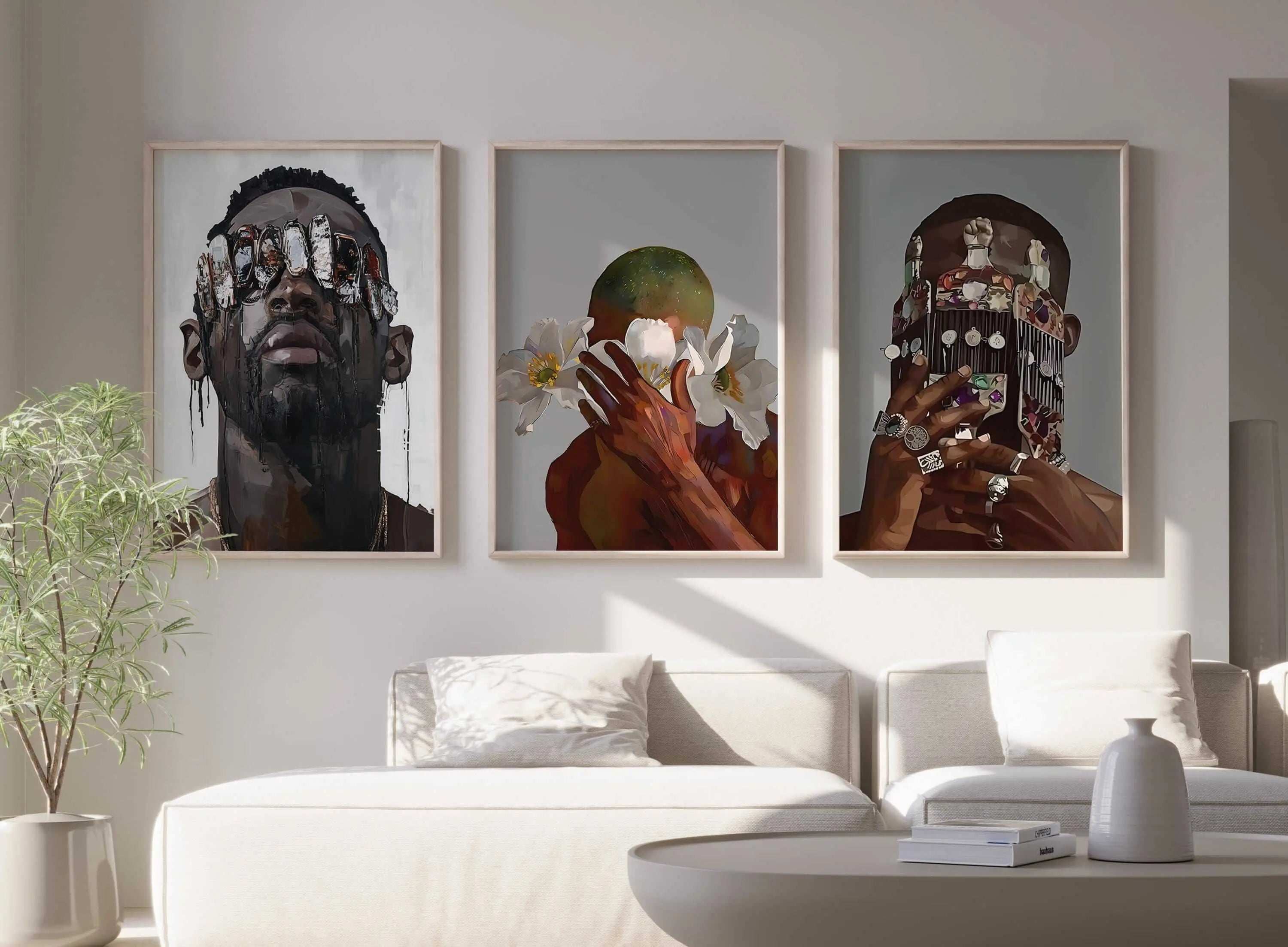 African American Men Wall Decor Set of 3 featuring vibrant Afrocentric digital wall art in a modern living room by Haus of Prints.