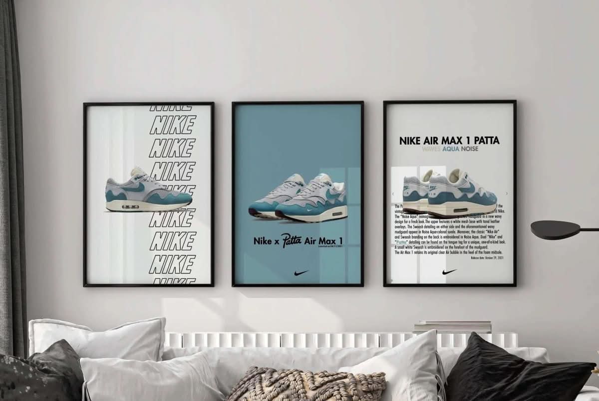Air Max 1 Patta Poster Set showcasing sneaker graphics against a clean blue background.
