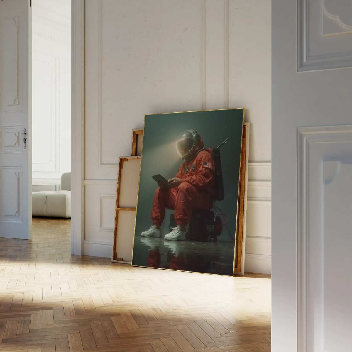 Astronaut Wall Art Print resting against white wall in elegant hallway, blending sci-fi aesthetics with contemporary home decor style.