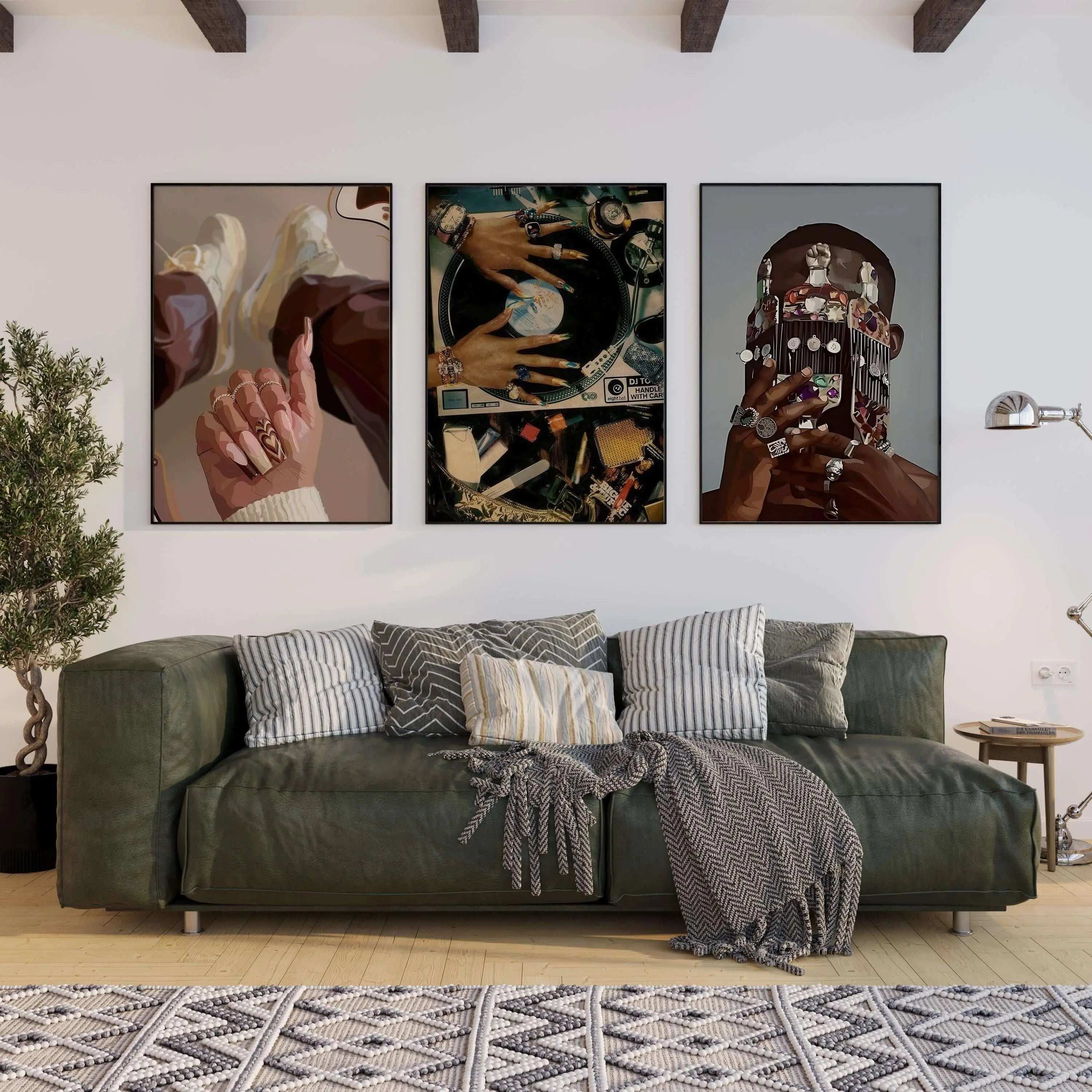 Black Art Fashion Poster Set of 3 Afrocentric digital wall art prints above sofa in modern living room decor — Haus of Prints