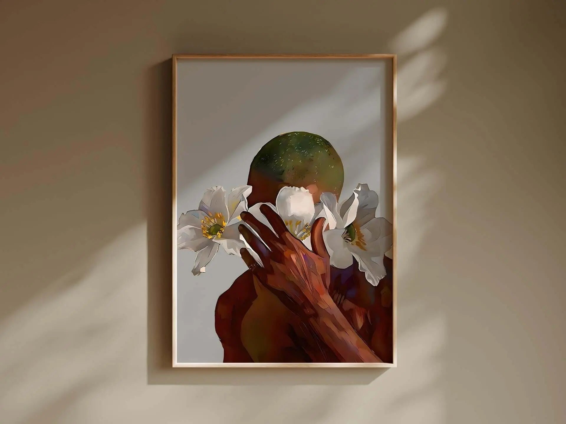 Black Art Printable Fashion Poster with Afrocentric figure and white flowers, framed digital wall art in modern living room — Haus of Prints.