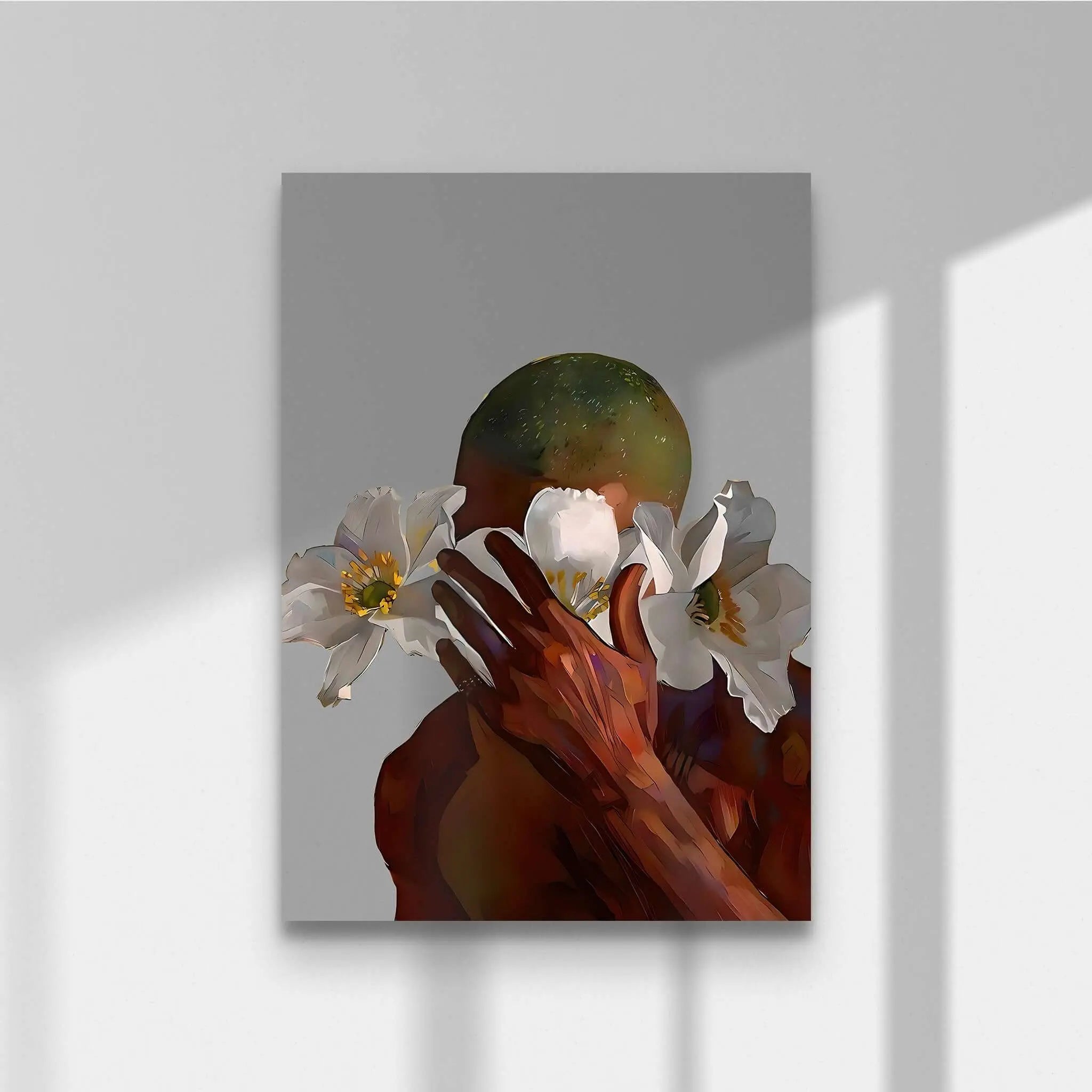 Black Art Printable Fashion Poster featuring an Afrocentric figure with white flowers, digital wall art for modern decor — Haus of Prints