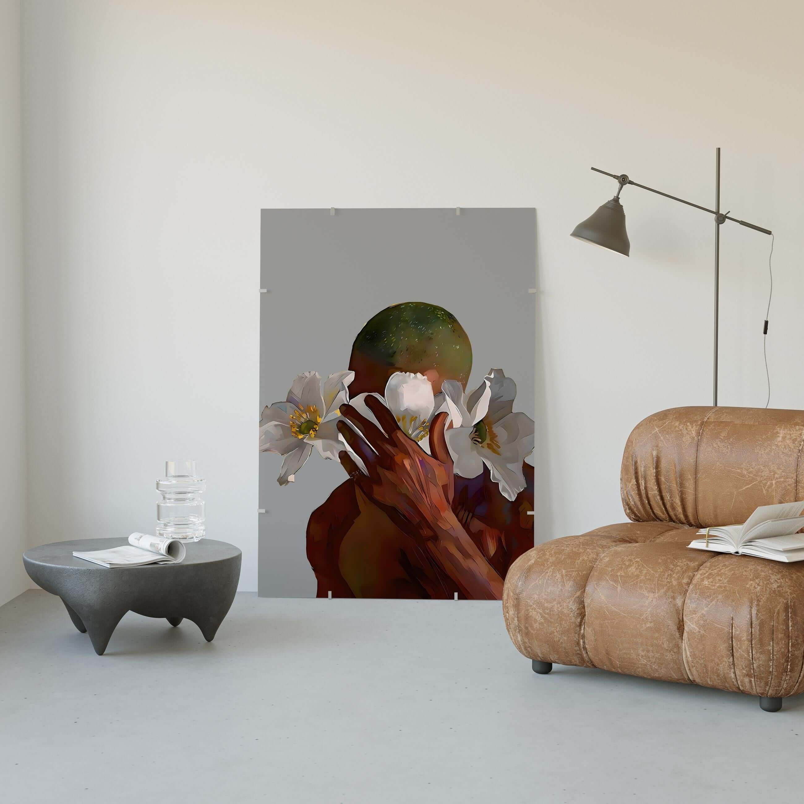 Black art printable featuring a figure with flowers, modern abstract style, earthy colors, perfect for urban decor.