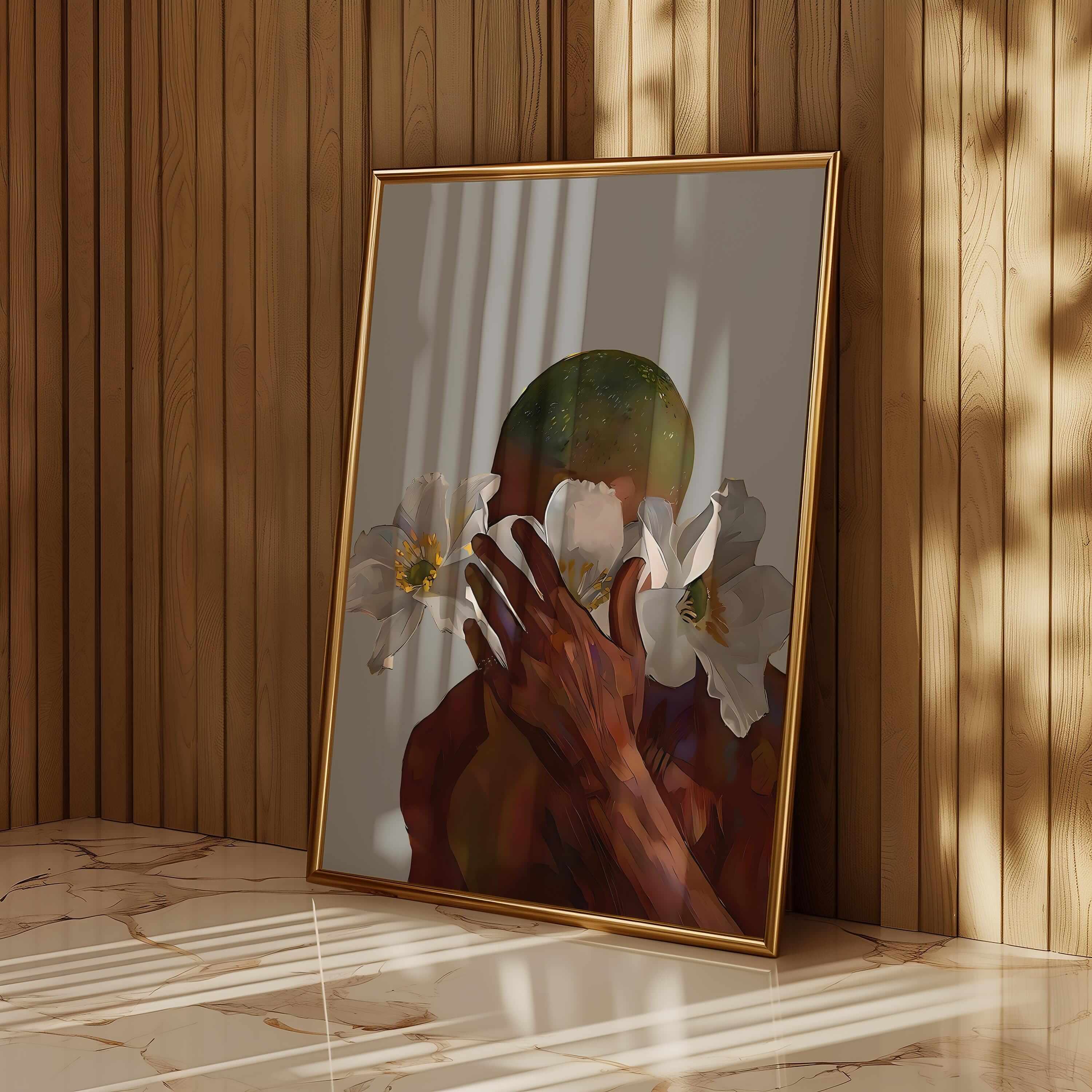 Black art digital print depicting a person with flowers, showcasing Afrocentric design and modern decor aesthetics.