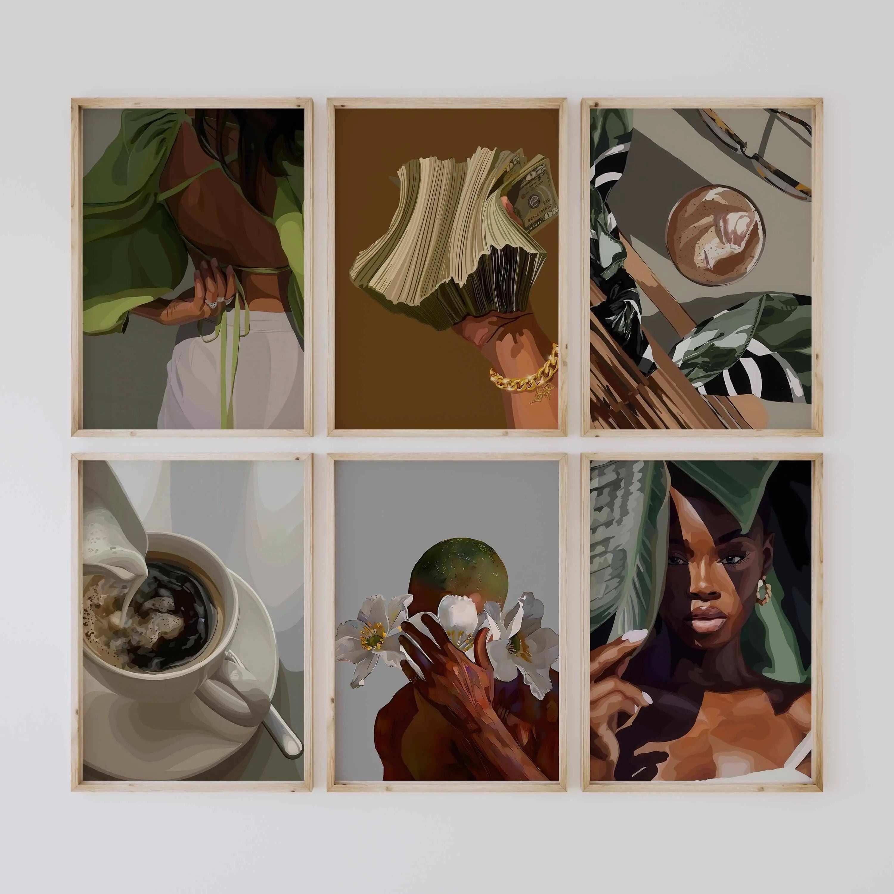 Black Girl Printable Art Set of 6 with vibrant Afrocentric digital wall art prints for modern living room decor — Haus of Prints.