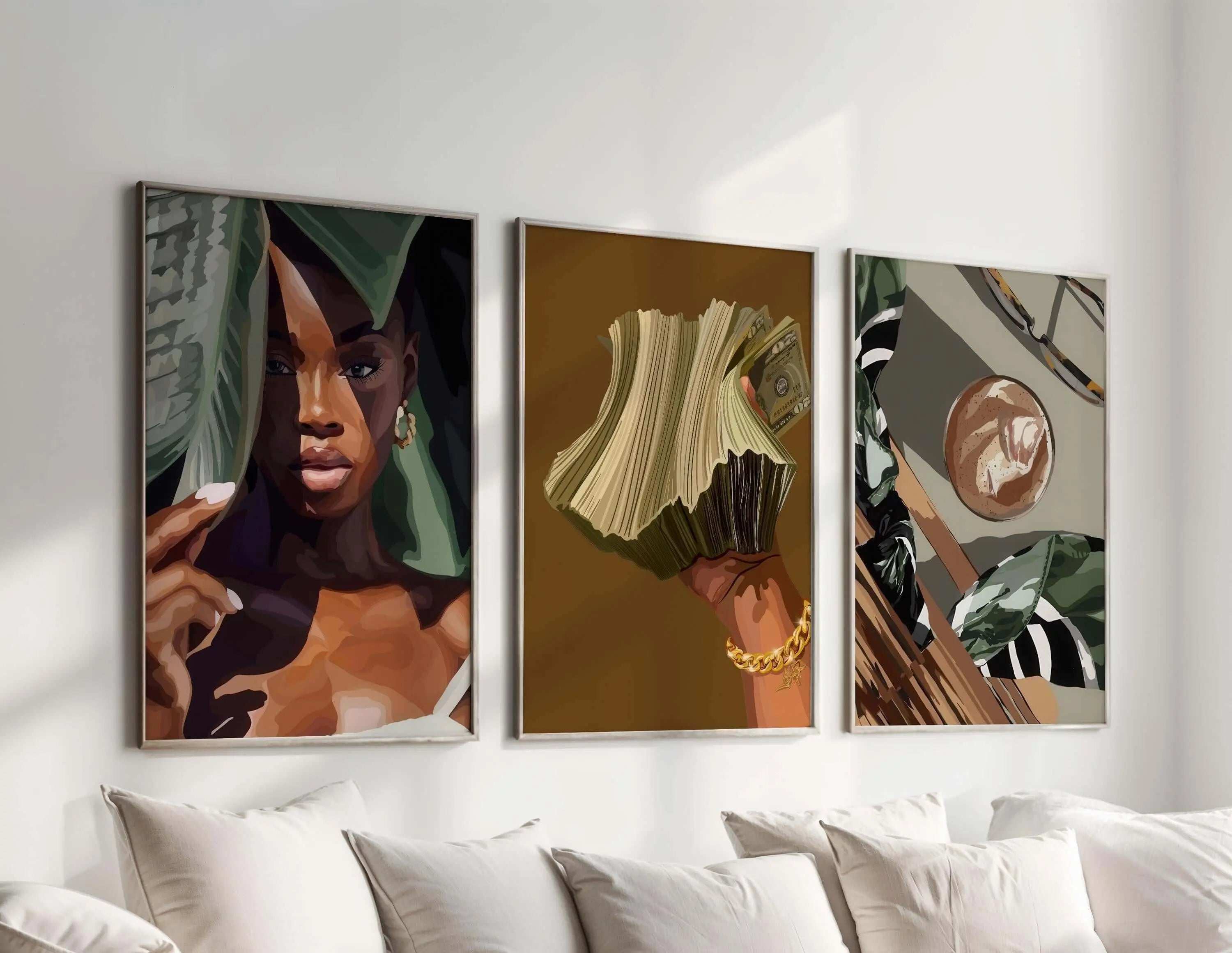 Black Girl Printable Art Set of 6 featuring vibrant Afrocentric digital wall art prints in a modern living room — Haus of Prints.