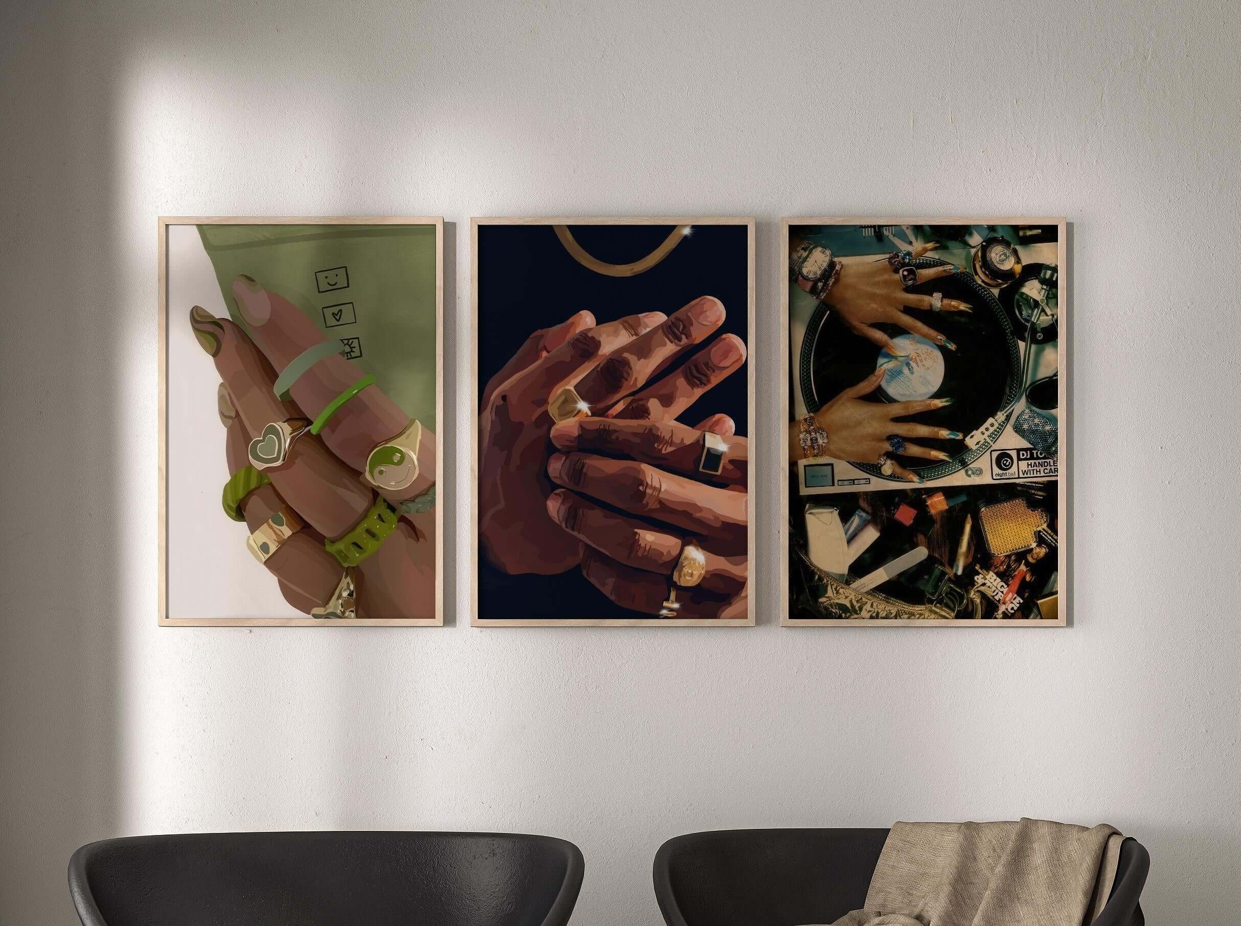 Black Girl Printable Set of 9 featuring Afrocentric digital wall art with vibrant hands and accessories, displayed in modern living room — Haus of Prints.