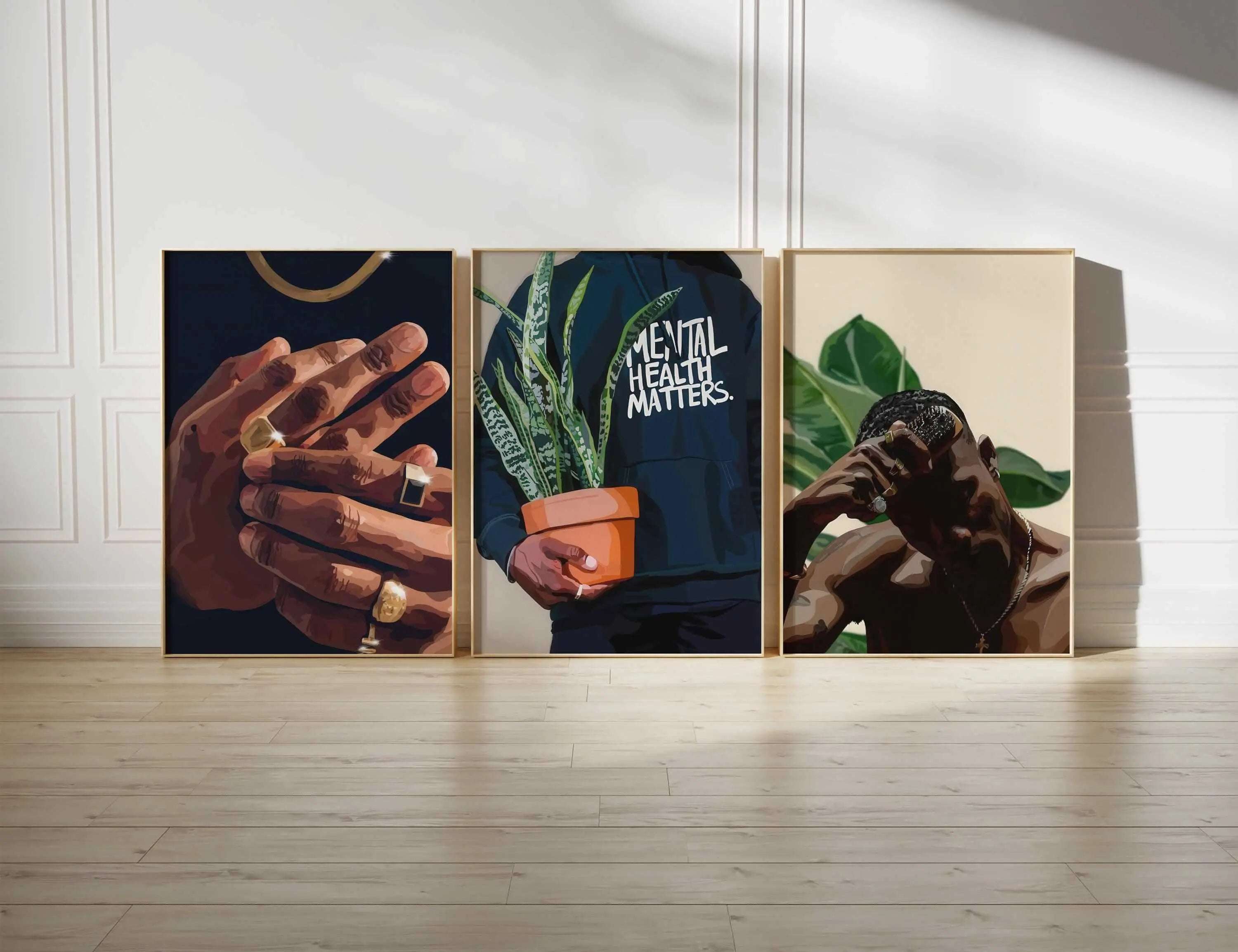 Three-piece Black Girl Printable Set of 9 featuring Afrocentric digital wall art with vibrant skin tones and modern home decor by Haus of Prints.
