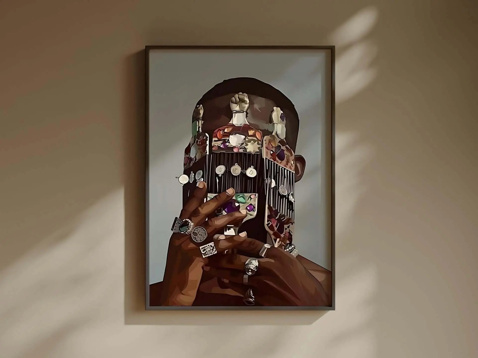Framed Afrocentric digital wall art featuring a person with an ornate face mask, displayed in modern home decor — Black Melanin Art Set of 3, Haus of Prints.