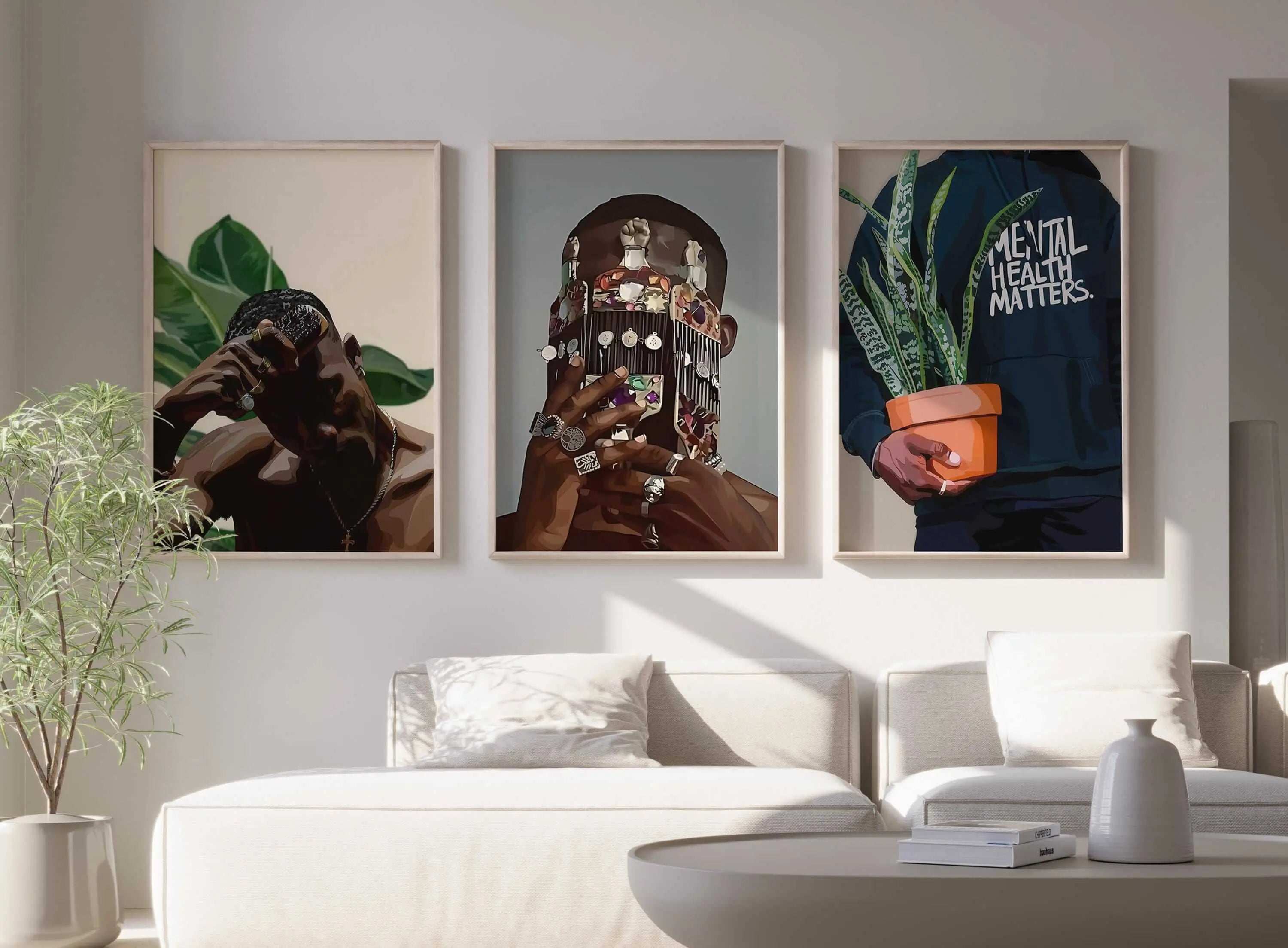 Black Melanin Art Set of 3 featuring vibrant Afrocentric digital wall art in natural-toned modern living room, printable art by Haus of Prints.