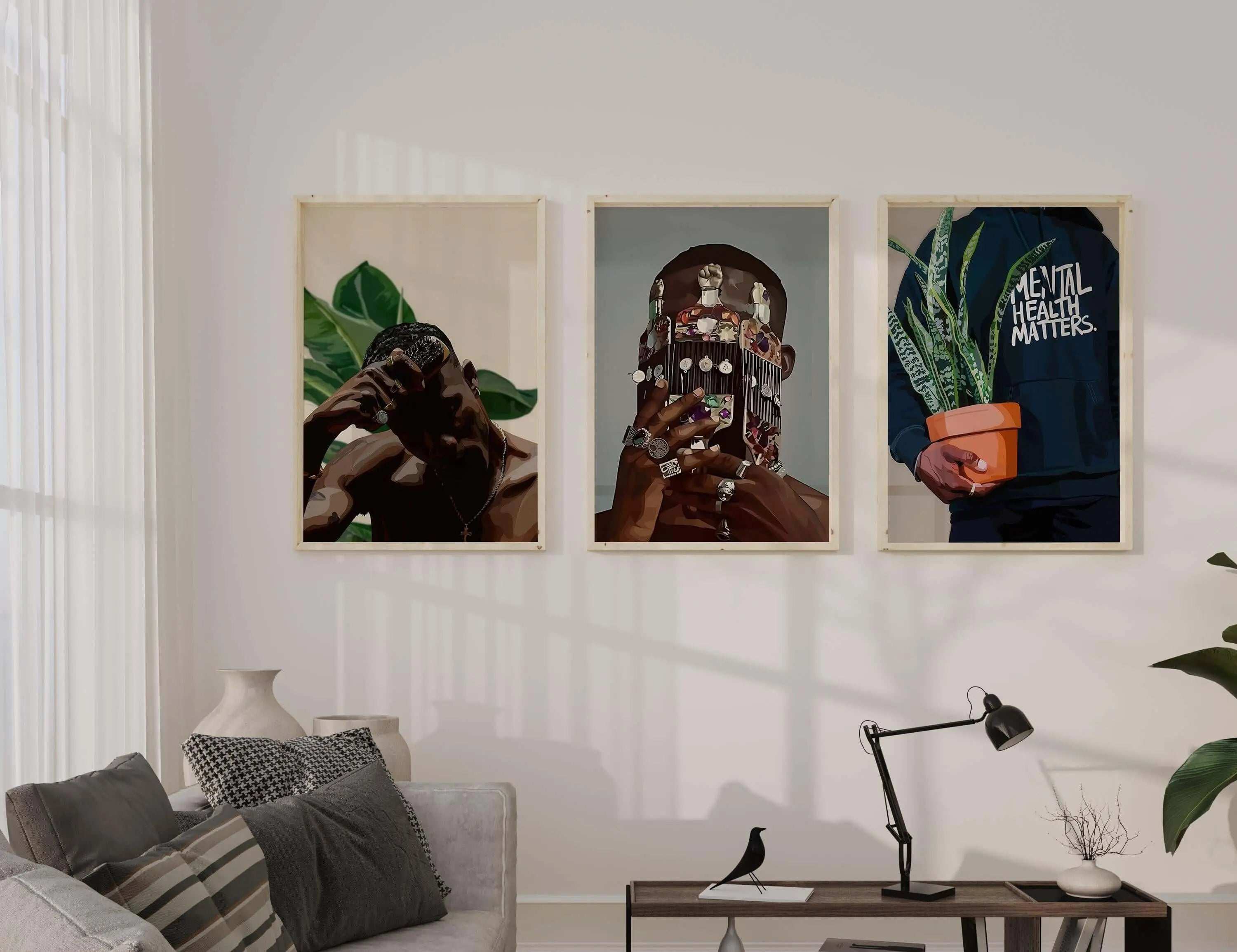 Black Melanin Art Set of 3 featuring Afrocentric digital wall art prints in modern living room, vibrant printable art — Haus of Prints.