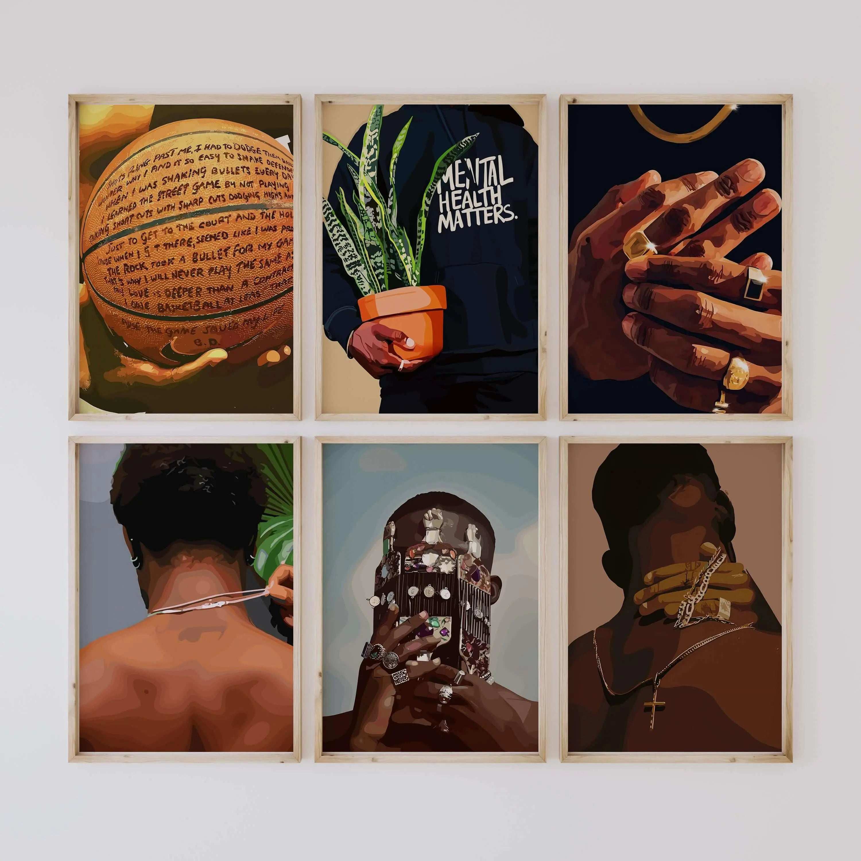 Black Men Cave Poster Set of 6 featuring Afrocentric digital wall art framed in a modern living room, printable art by Haus of Prints.