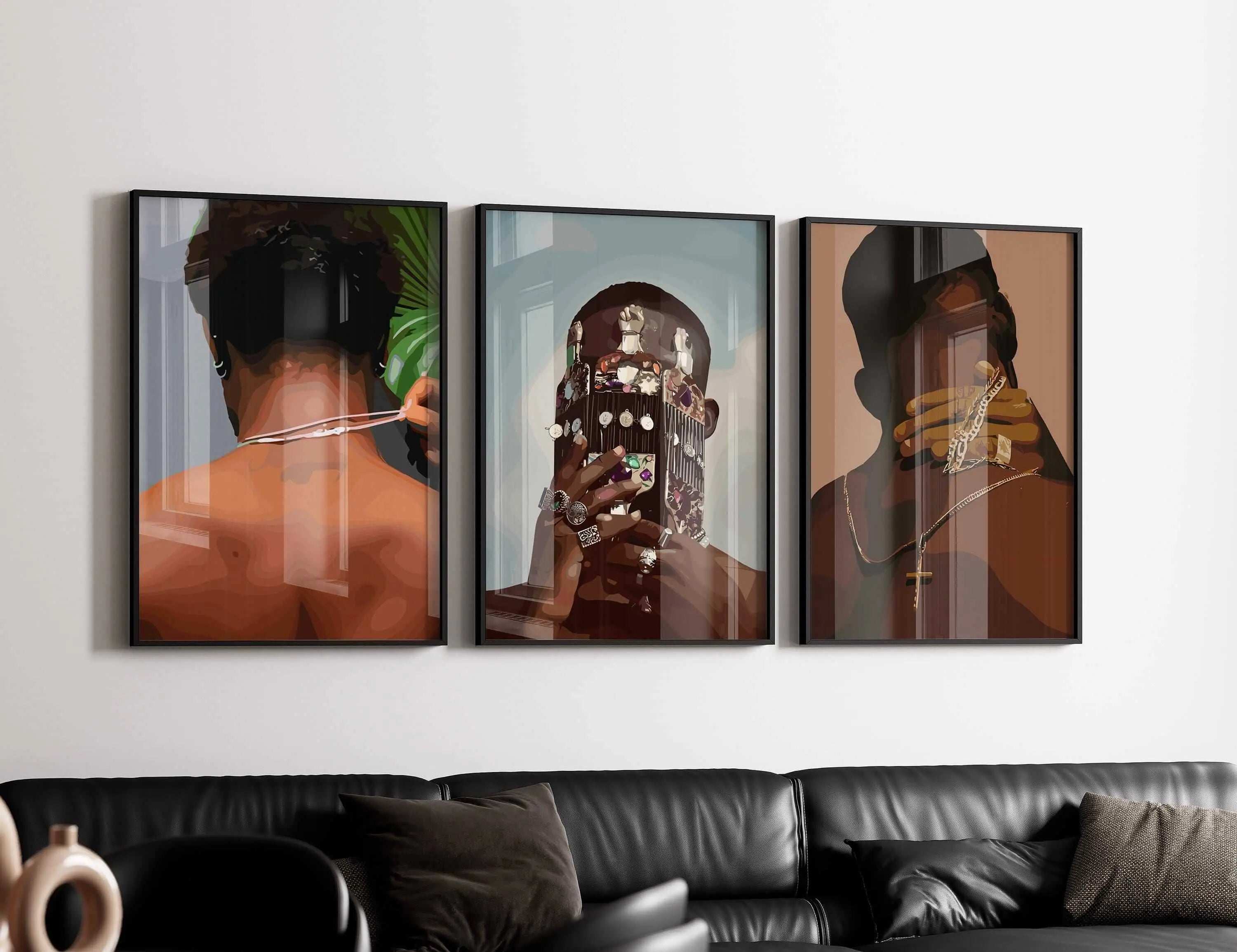 Black Men Cave Poster Set of 6 featuring Afrocentric digital wall art in black frames above a modern black leather couch — Haus of Prints