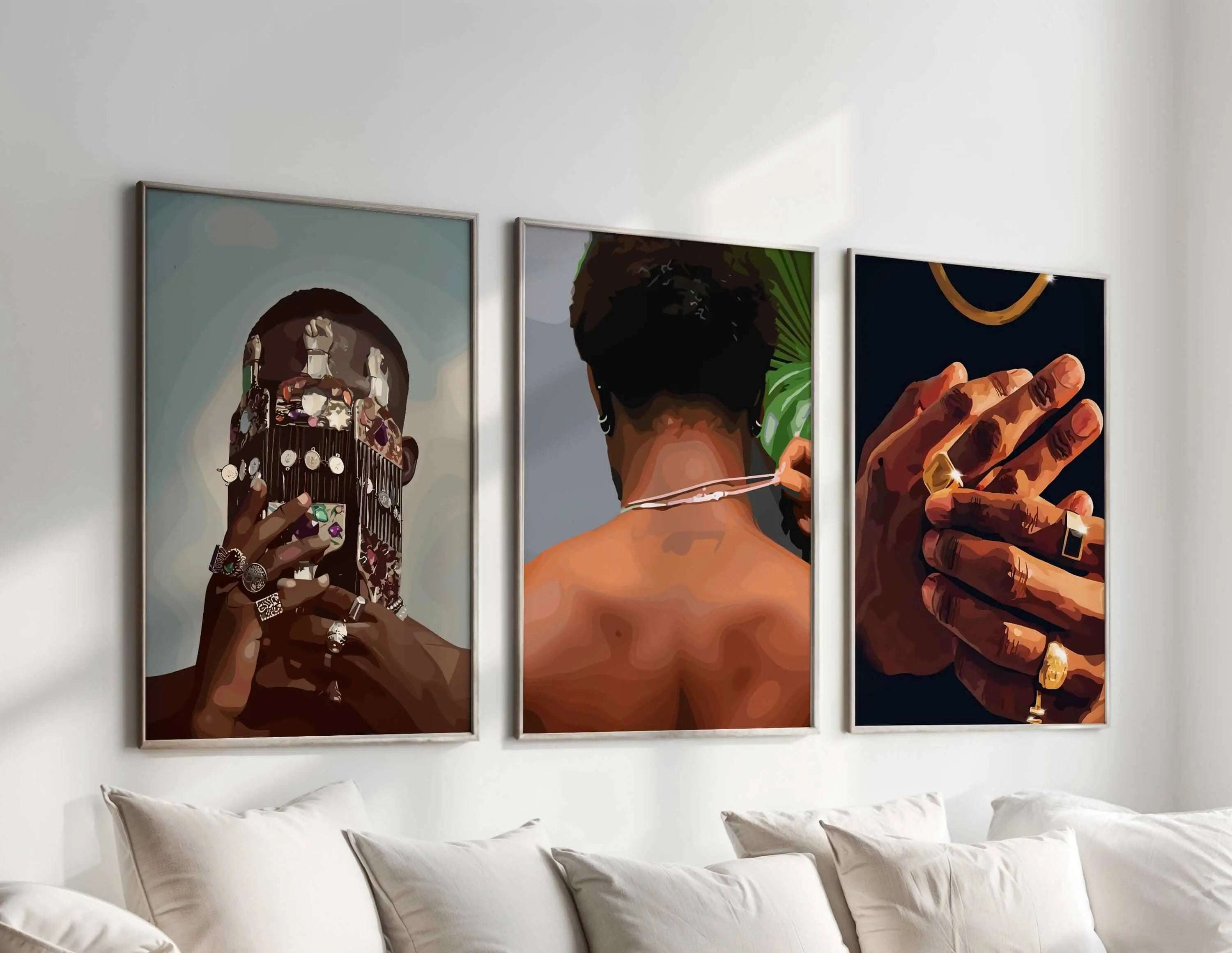 Black Men Cave Poster Set of 6 featuring Afrocentric digital wall art prints in a modern living room, printable art by Haus of Prints.