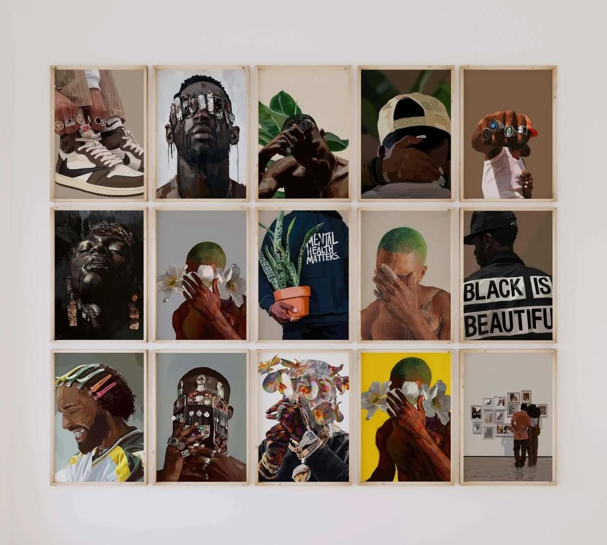Black Men Wall Art Set of 15, vibrant artwork celebrating cultural identity and strength in a digital collection.