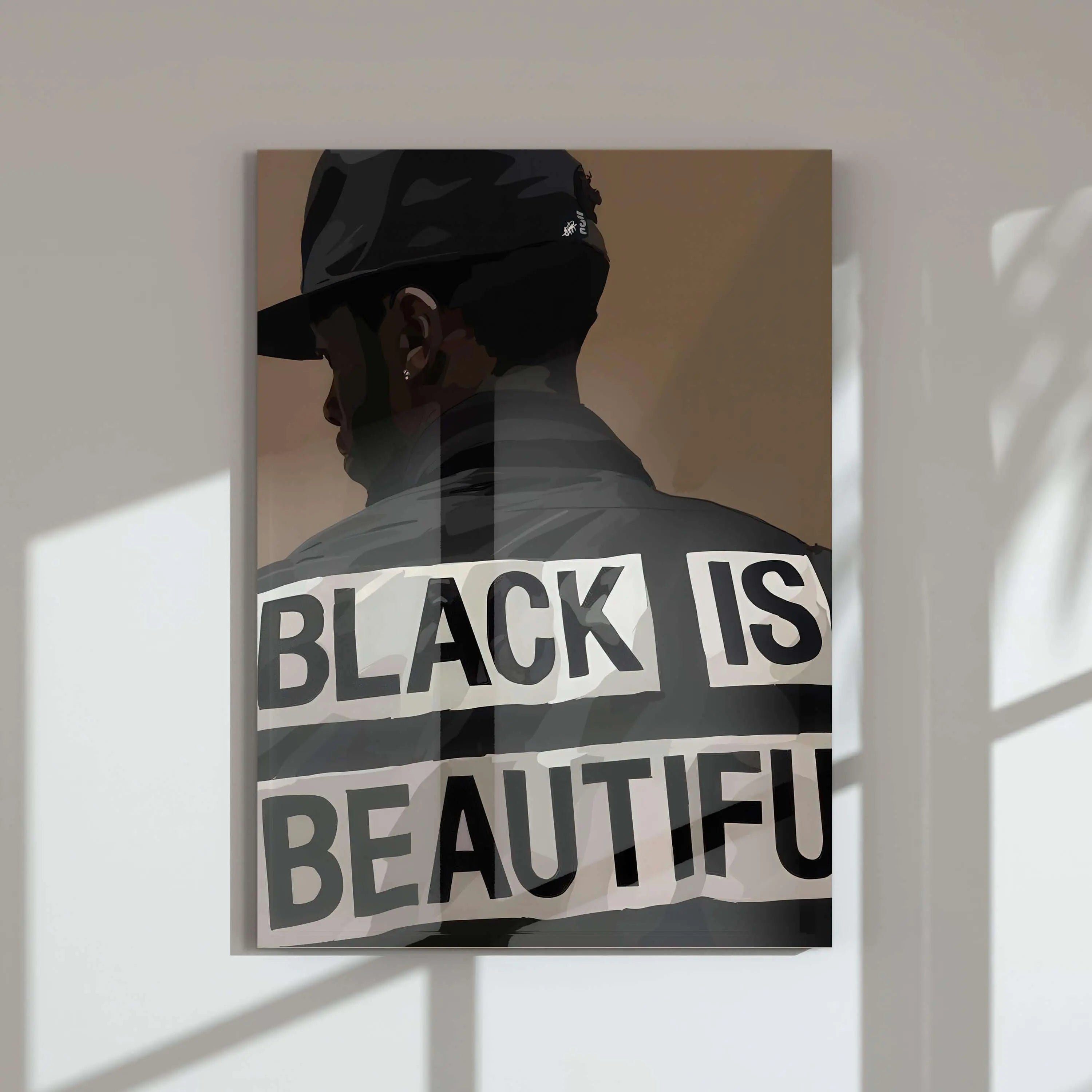 Black Men Wall Art Set of 15 featuring "Black is Beautiful" digital wall art print displayed in modern living room, Haus of Prints.