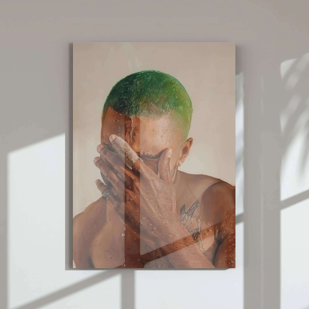 Black Men Wall Art Set of 15 featuring vibrant digital wall art print of a man with green hair in a modern living room, Haus of Prints.