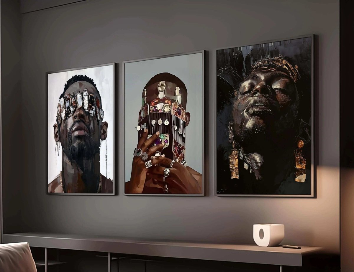 Black Men Wall Art Set of 3 featuring Afrocentric digital wall art prints in a modern living room, printable art by Haus of Prints.