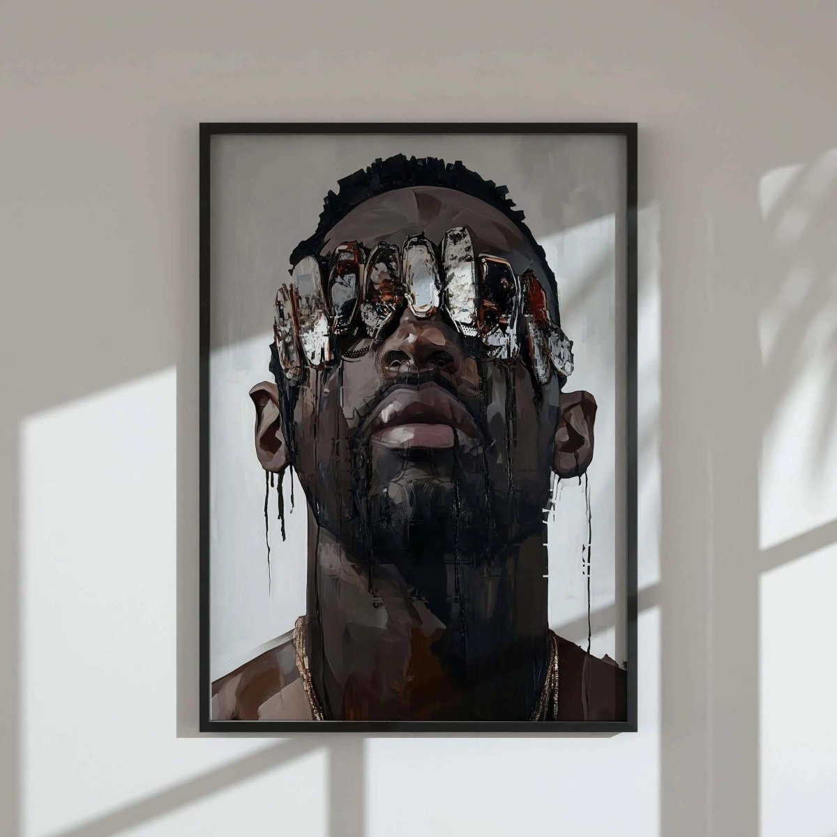 Black Men Wall Art Set of 3 featuring Afrocentric digital wall art print with bold dark tones, framed in a modern living room by Haus of Prints.