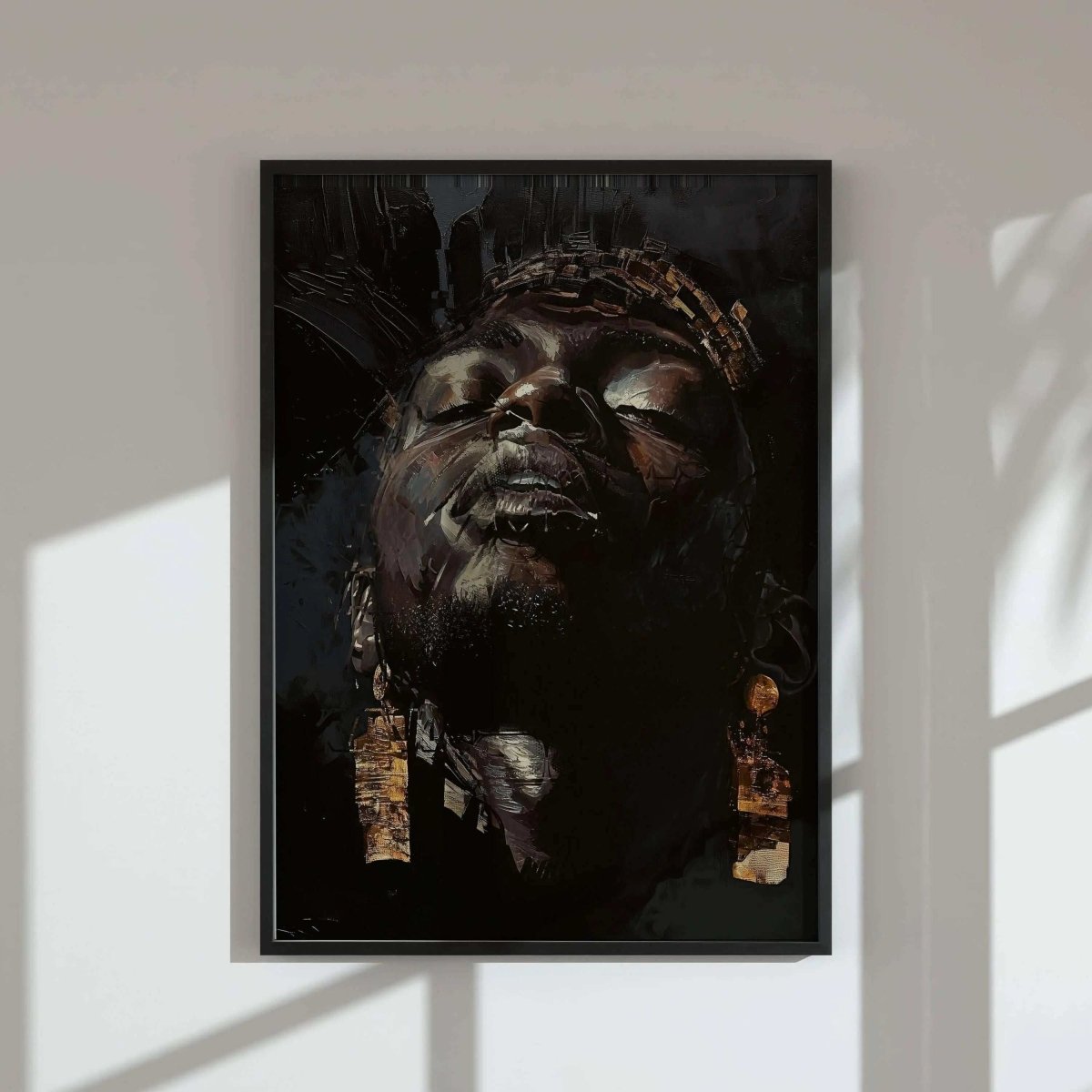 Framed Afrocentric digital wall art print of a Black man with gold accents, perfect for modern living room decor — Black Men Wall Art Set of 3, Haus of Prints.