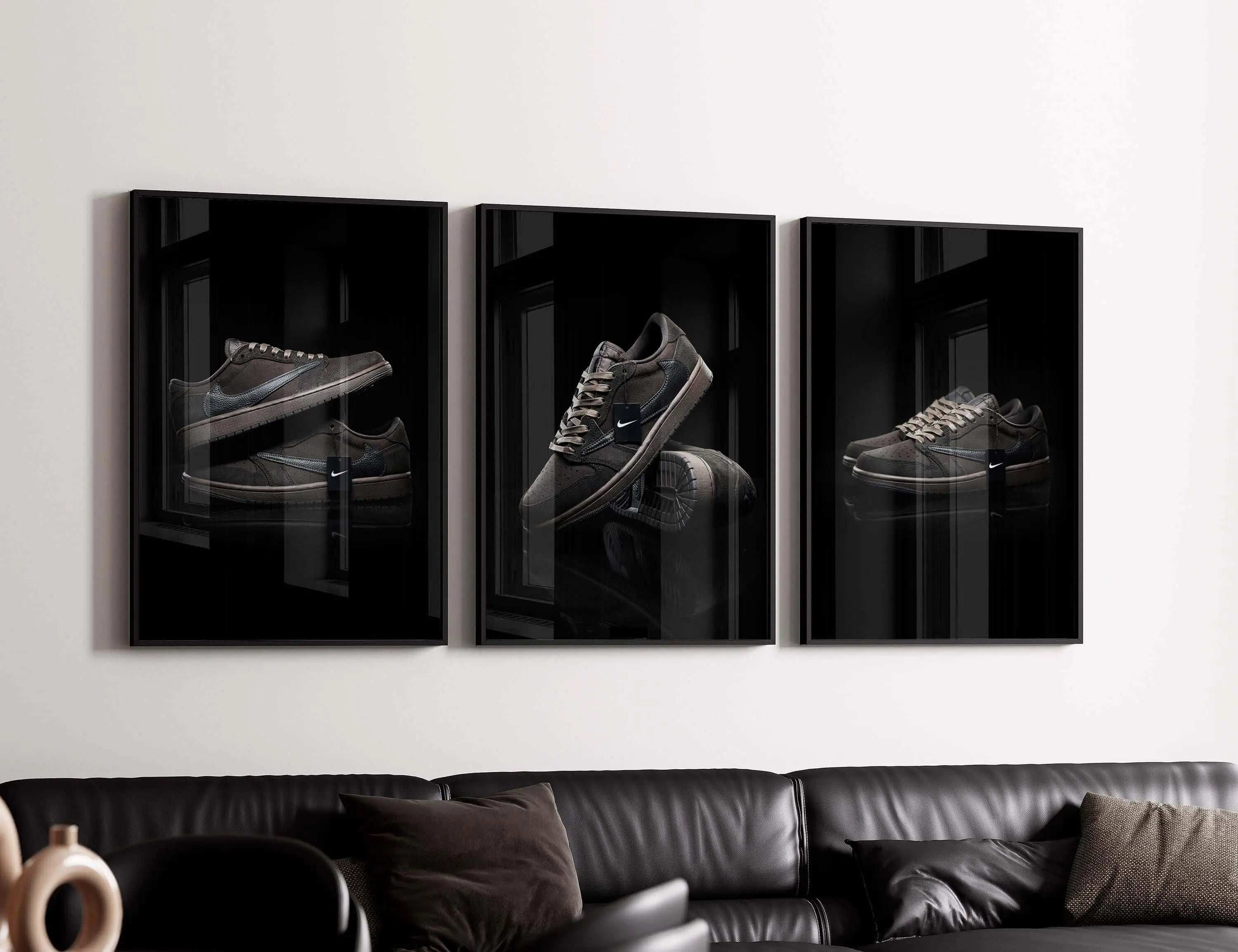 Black Sneaker Wall Art Set of 3 featuring sleek sneaker digital wall art in a modern living room, printable art by HAUS OF PRINTS.