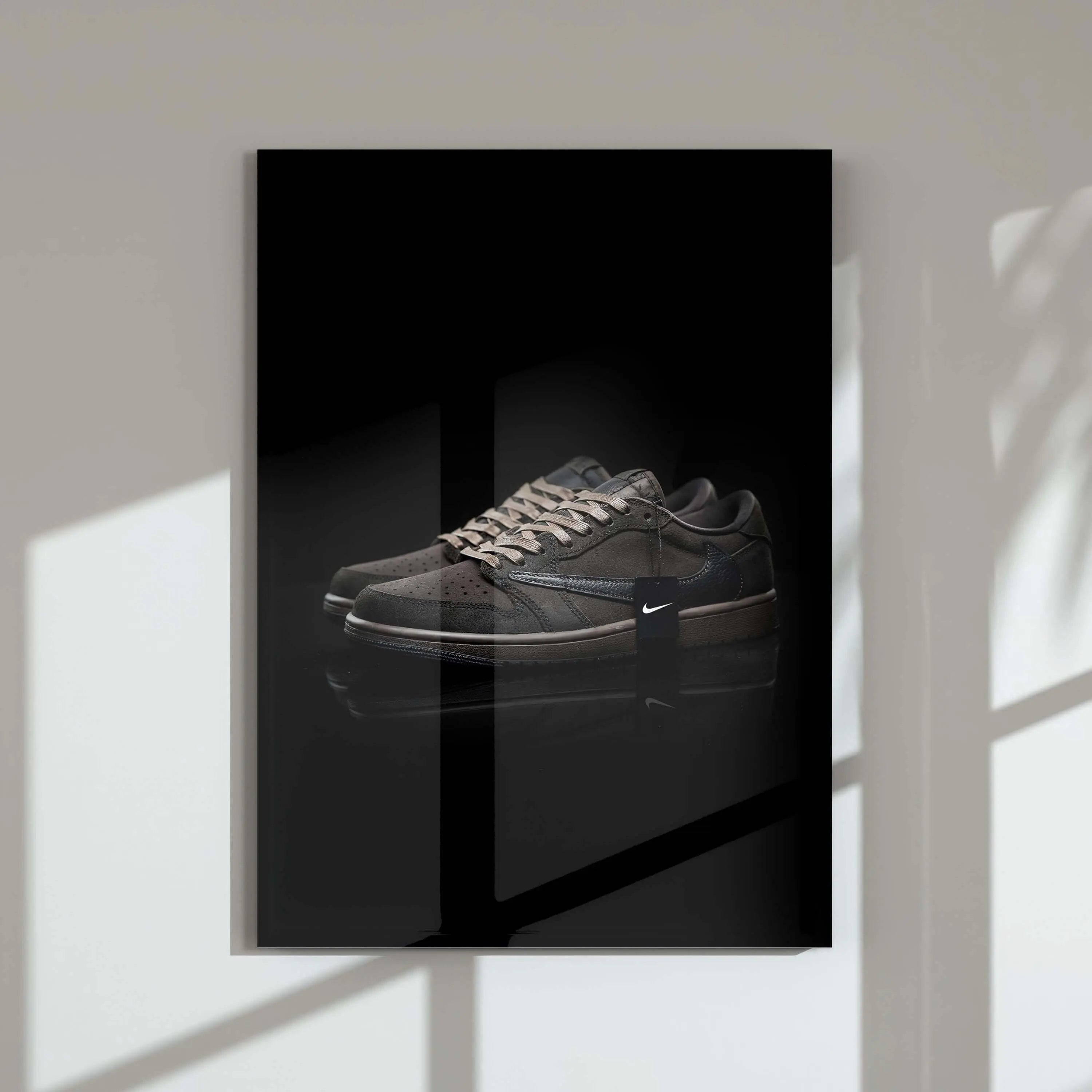 Black sneaker digital wall art print featuring detailed footwear on black background, ideal for modern home decor by Haus of Prints.