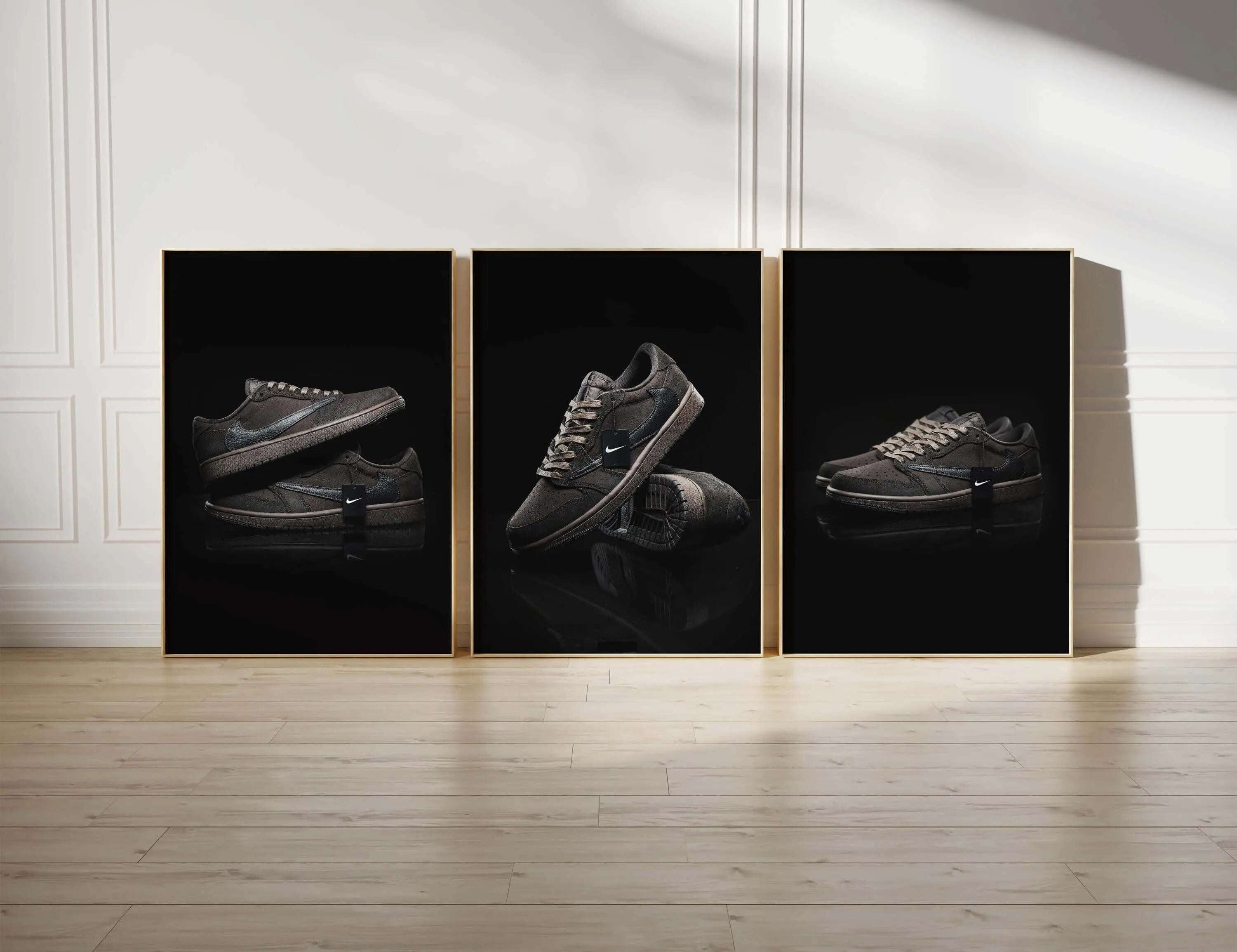 Black Sneaker Wall Art Set of 3 featuring digital sneaker art prints displayed in a modern living room setting, instant download by Haus of Prints.