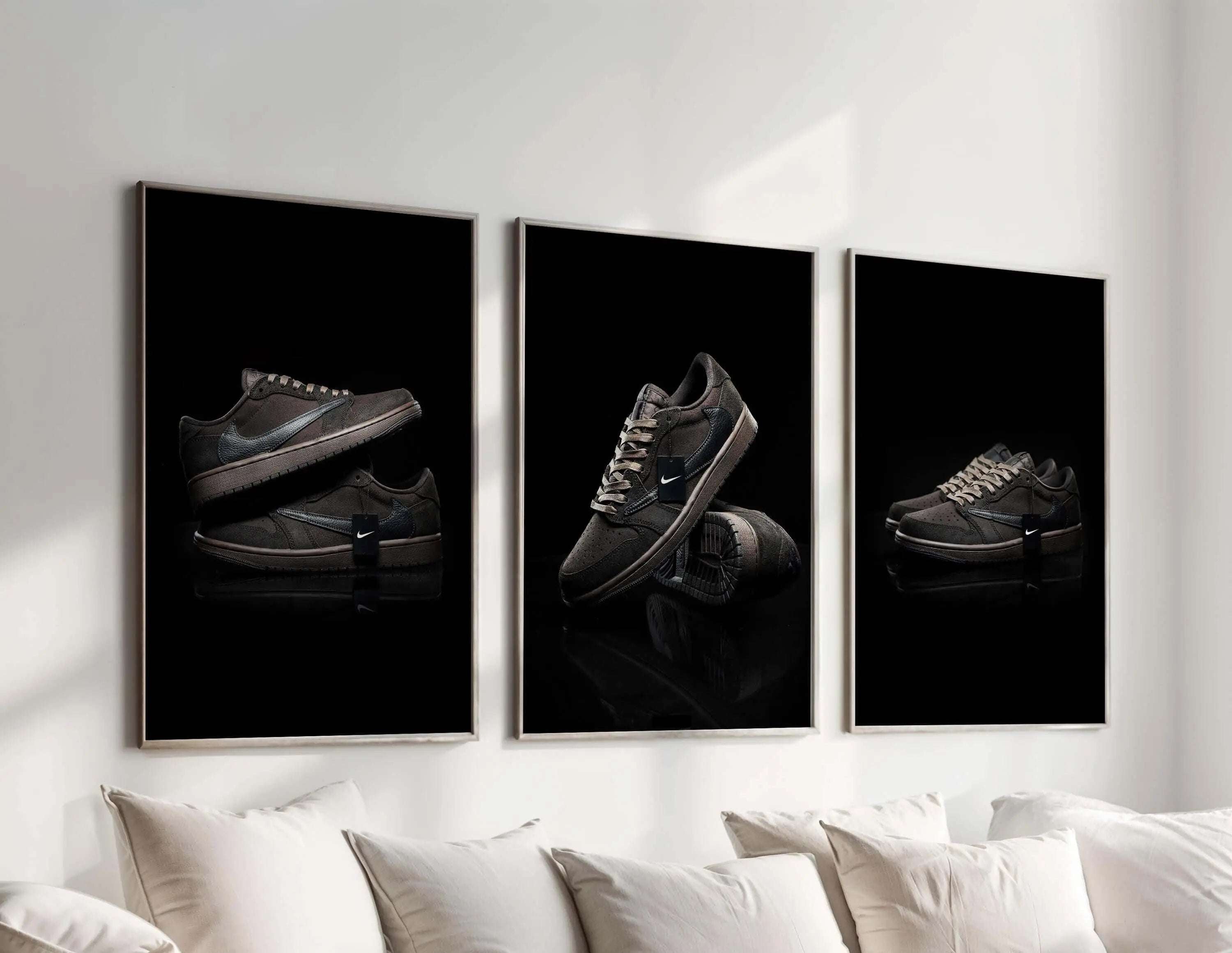 Black Sneaker Wall Art Set of 3 featuring sleek sneaker art in black tones, modern printable digital wall art for living room — Haus of Prints.